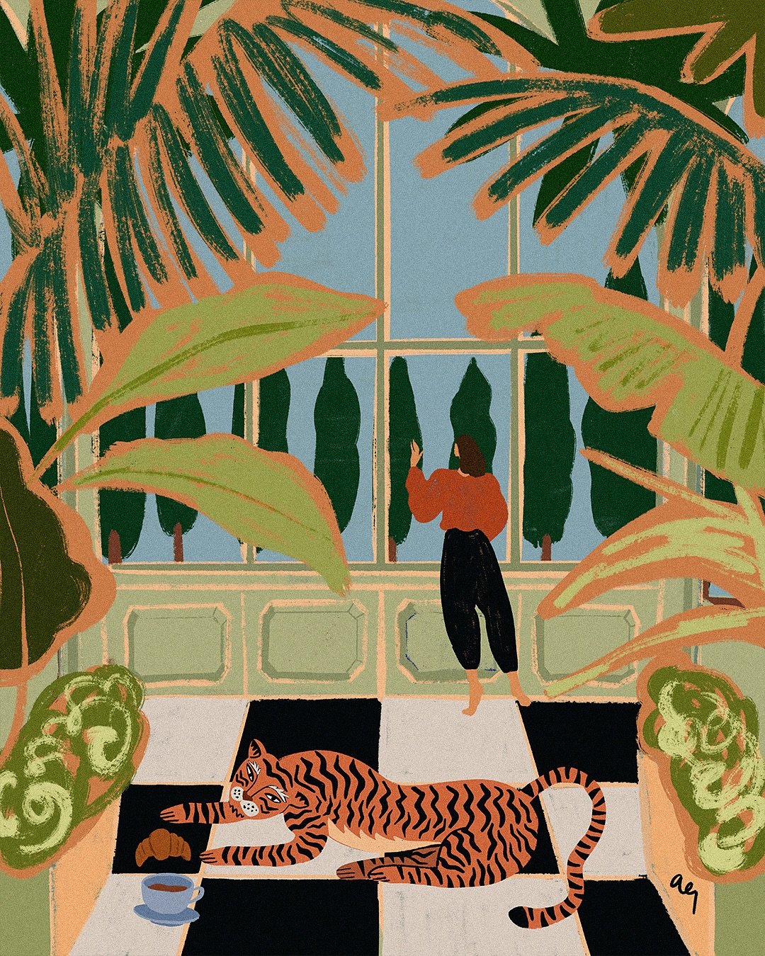 Through glass panels, her gate takes flight,
A world of winter, soft and white.
The tiger drinks in tranquil grace,
Warmth and stillness fill the space.

.
.
.
.
.
#WinterVibes #TigerArt #CozyArt  #IllustrationArtists #WinterScenes #ArtAndNature #Art