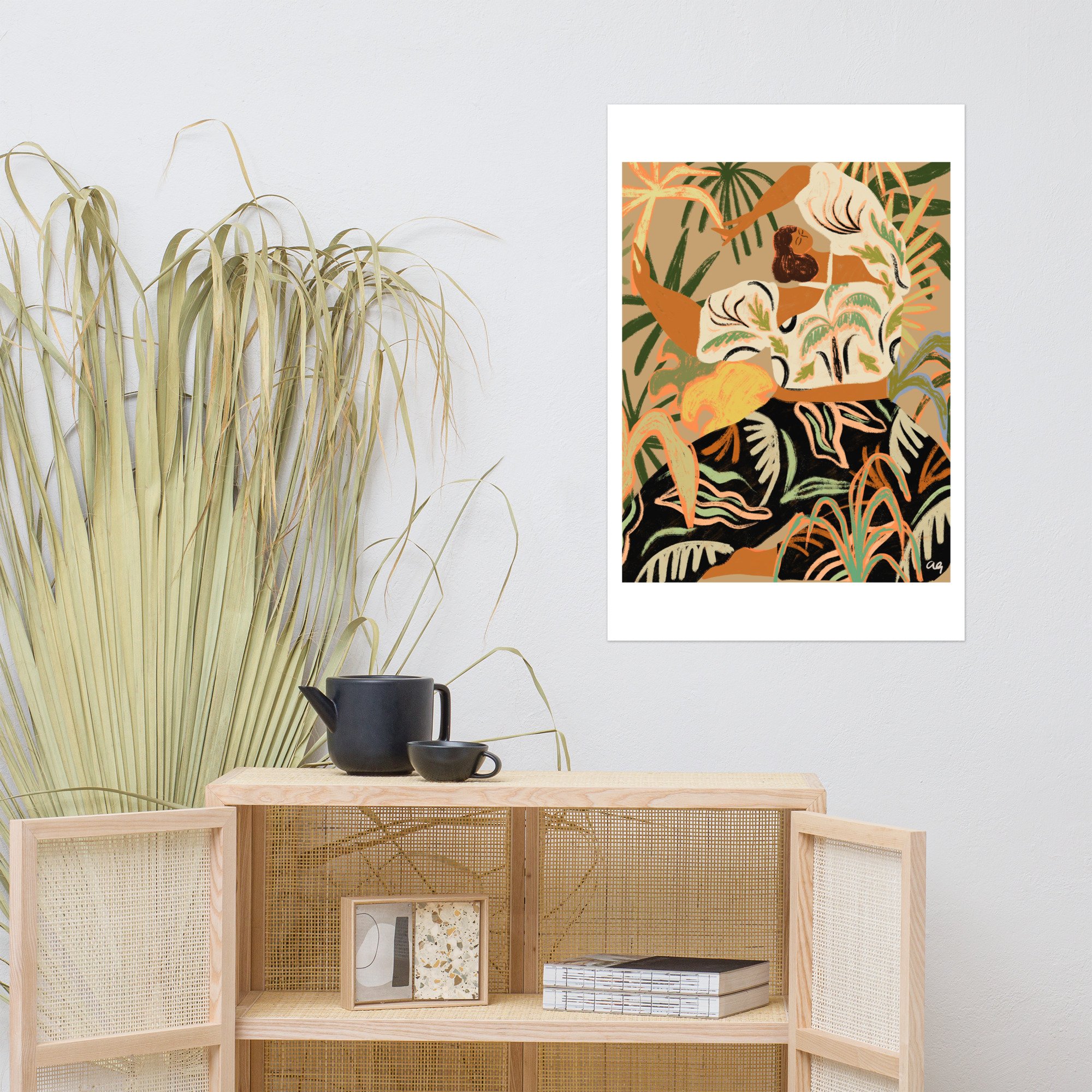 Nature’s Embrace Art Print – A vibrant nature-inspired art print featuring a woman in harmony with nature. Perfect for tropical art decor, modern bohemian spaces, and collectors.