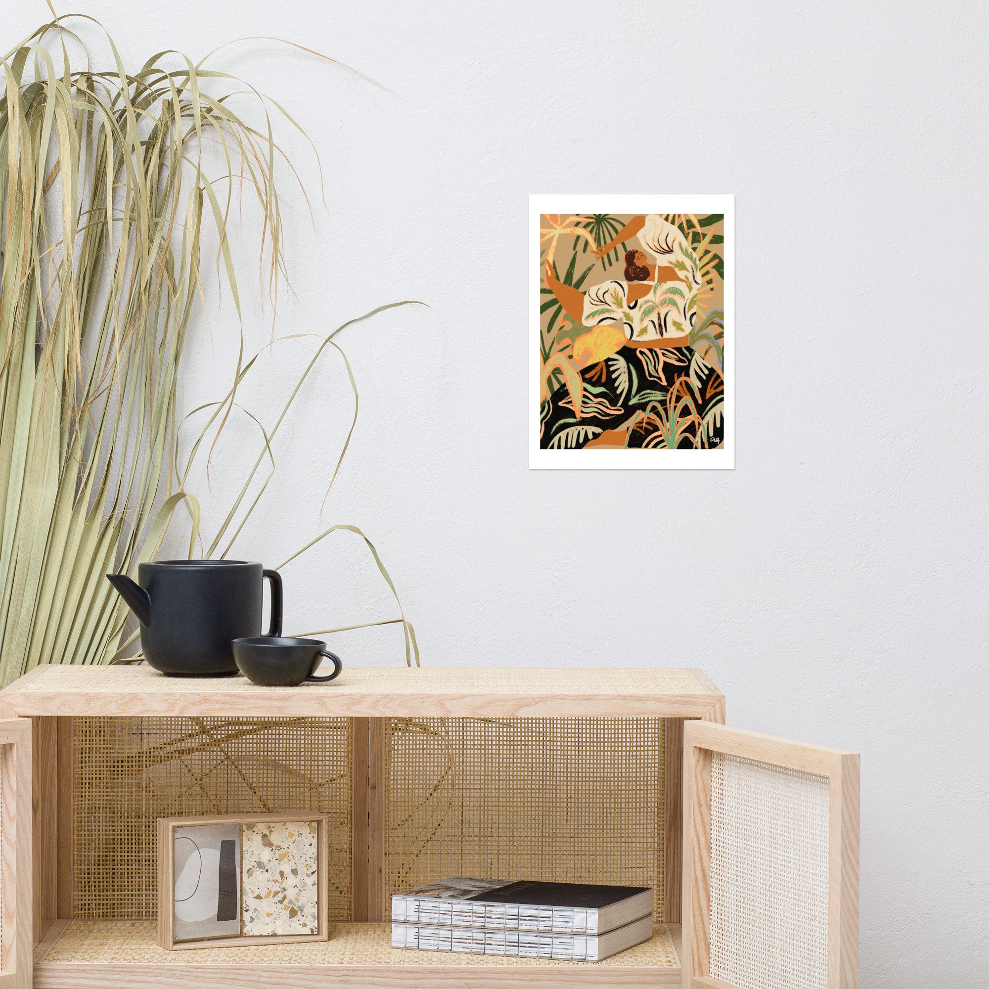 Nature’s Embrace Art Print – A vibrant nature-inspired art print featuring a woman in harmony with nature. Perfect for tropical art decor, modern bohemian spaces, and collectors.