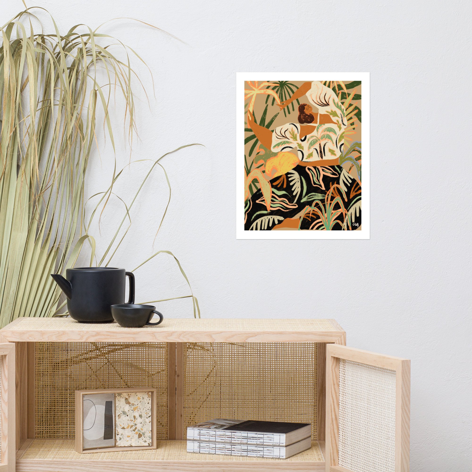 Nature’s Embrace Art Print – A vibrant nature-inspired art print featuring a woman in harmony with nature. Perfect for tropical art decor, modern bohemian spaces, and collectors.