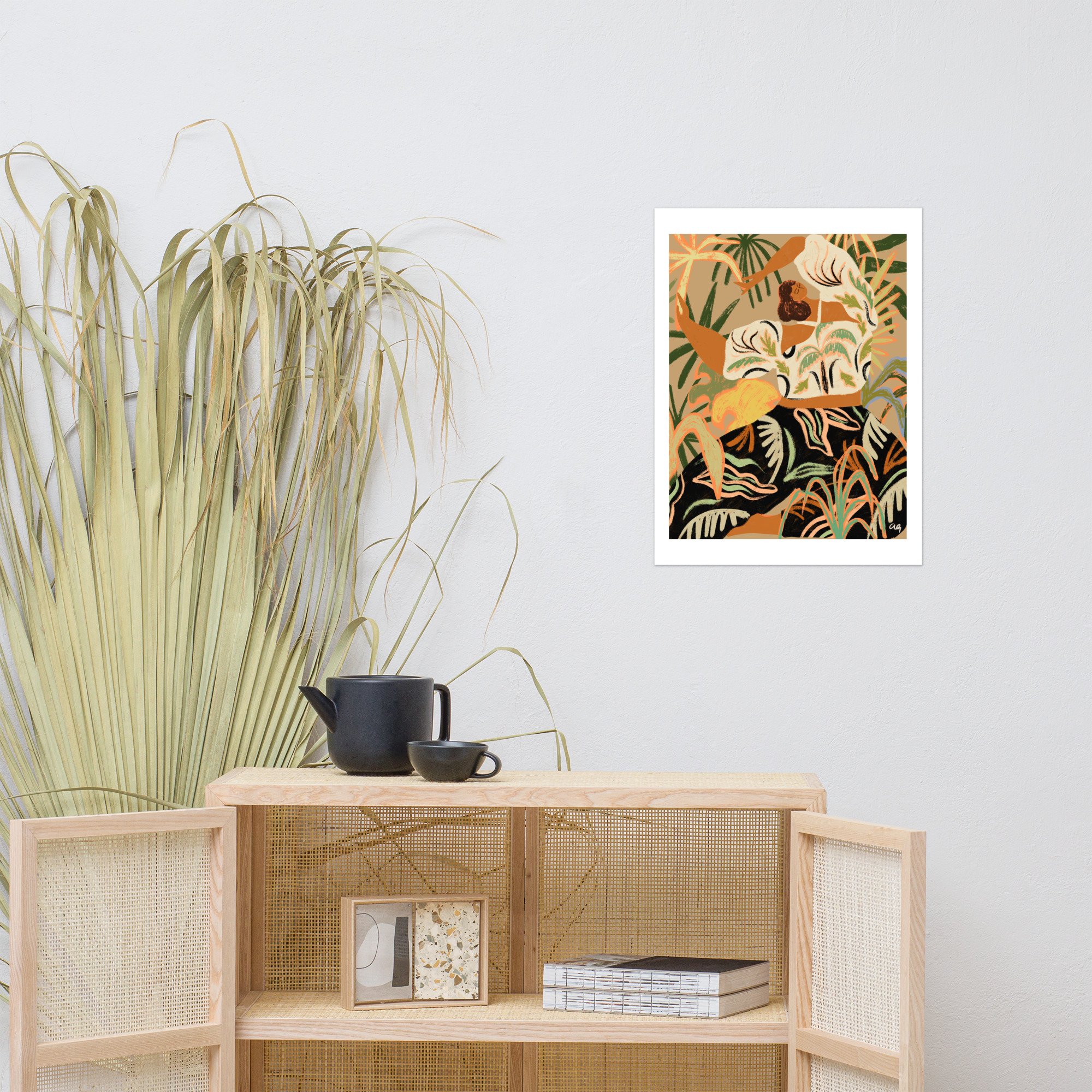 Nature’s Embrace Art Print – A vibrant nature-inspired art print featuring a woman in harmony with nature. Perfect for tropical art decor, modern bohemian spaces, and collectors.