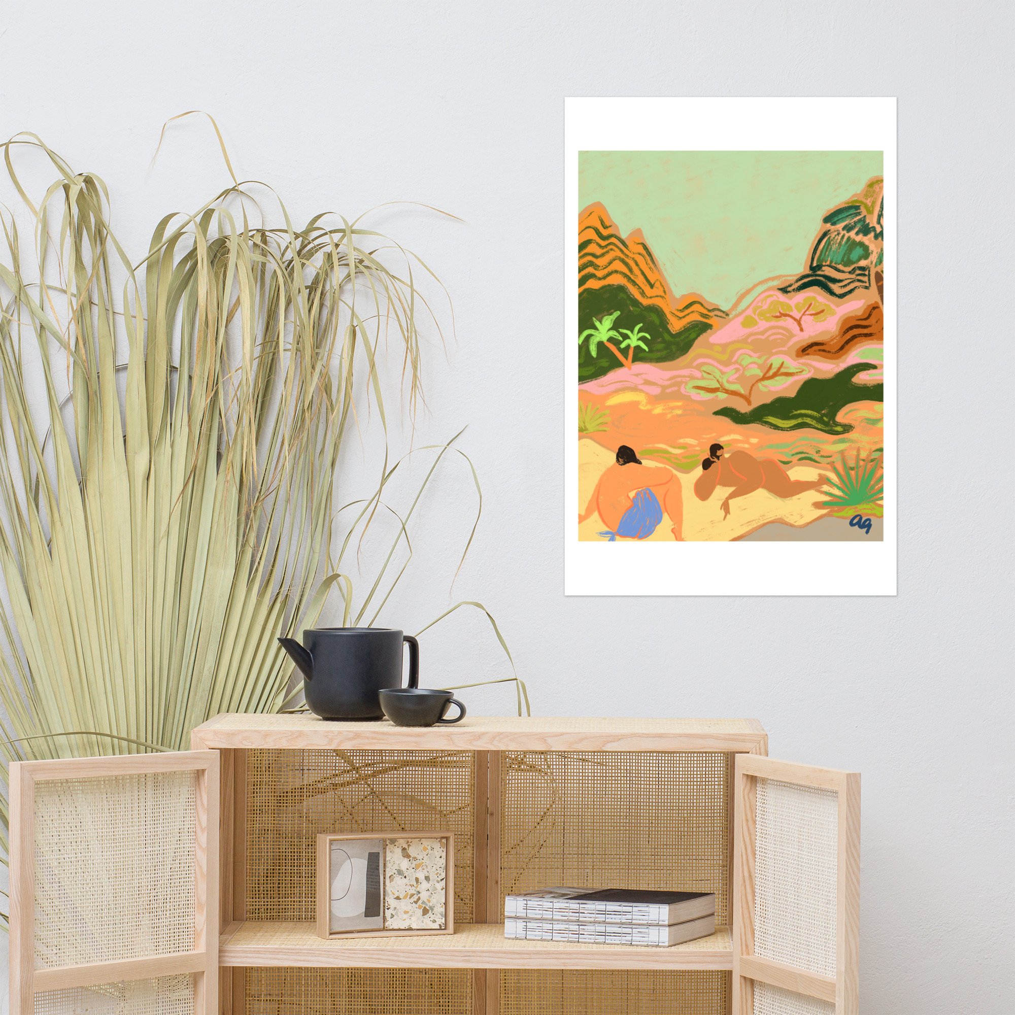 Lazy Days in Nature – A tropical-inspired art print featuring two women lounging in harmony, surrounded by lush nature.