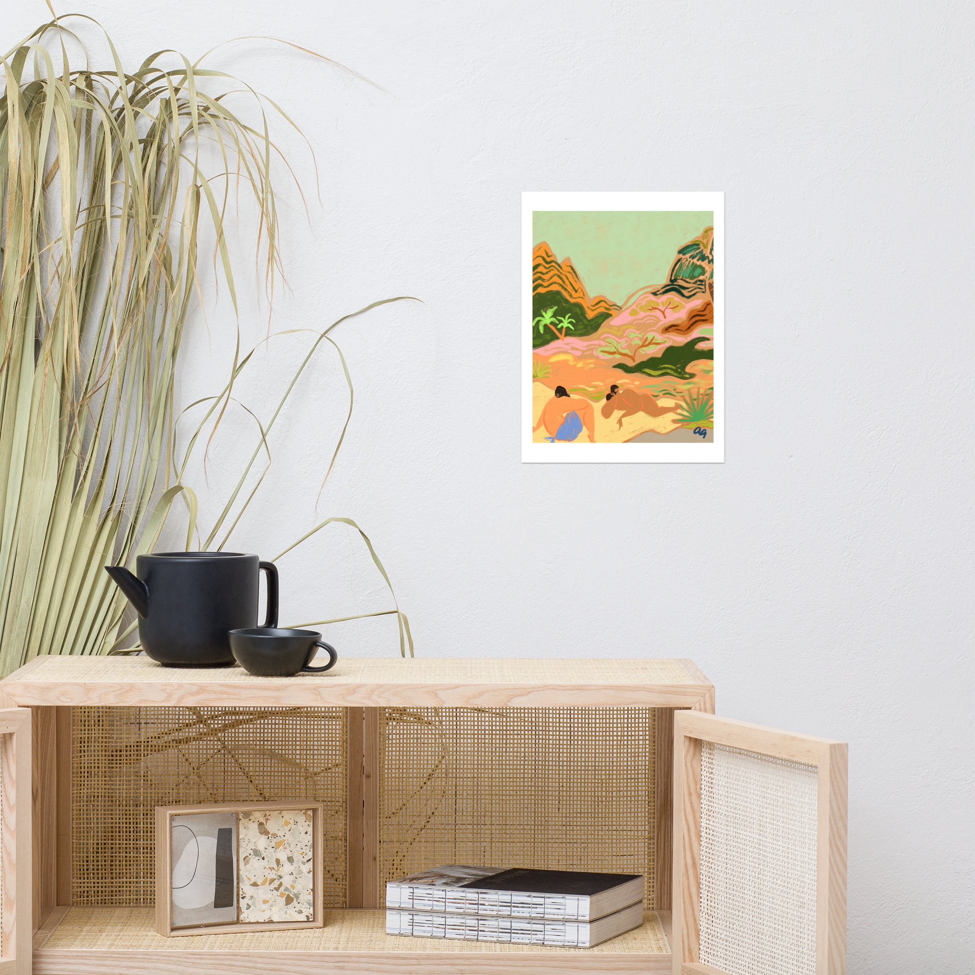 Lazy Days in Nature – A tropical-inspired art print featuring two women lounging in harmony, surrounded by lush nature.