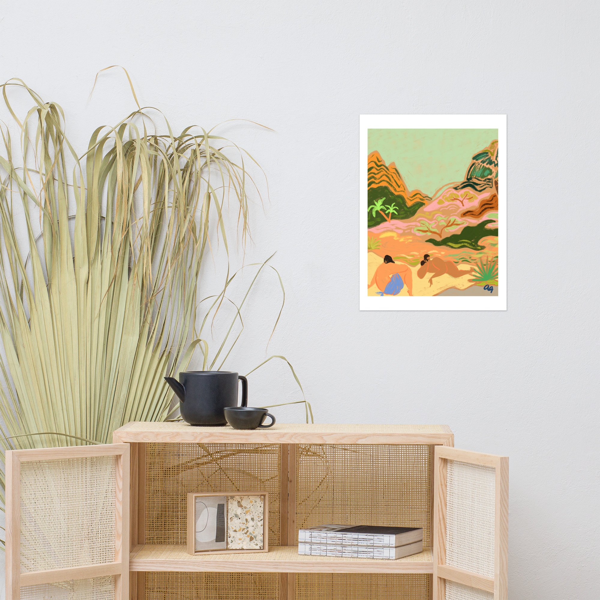Lazy Days in Nature – A tropical-inspired art print featuring two women lounging in harmony, surrounded by lush nature.