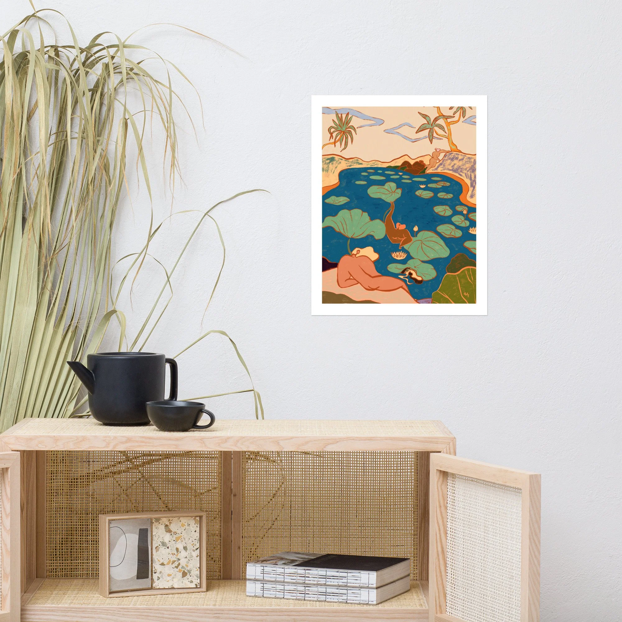 Diverse women relaxing by a lush lily pond in playful, mermaid-like poses.