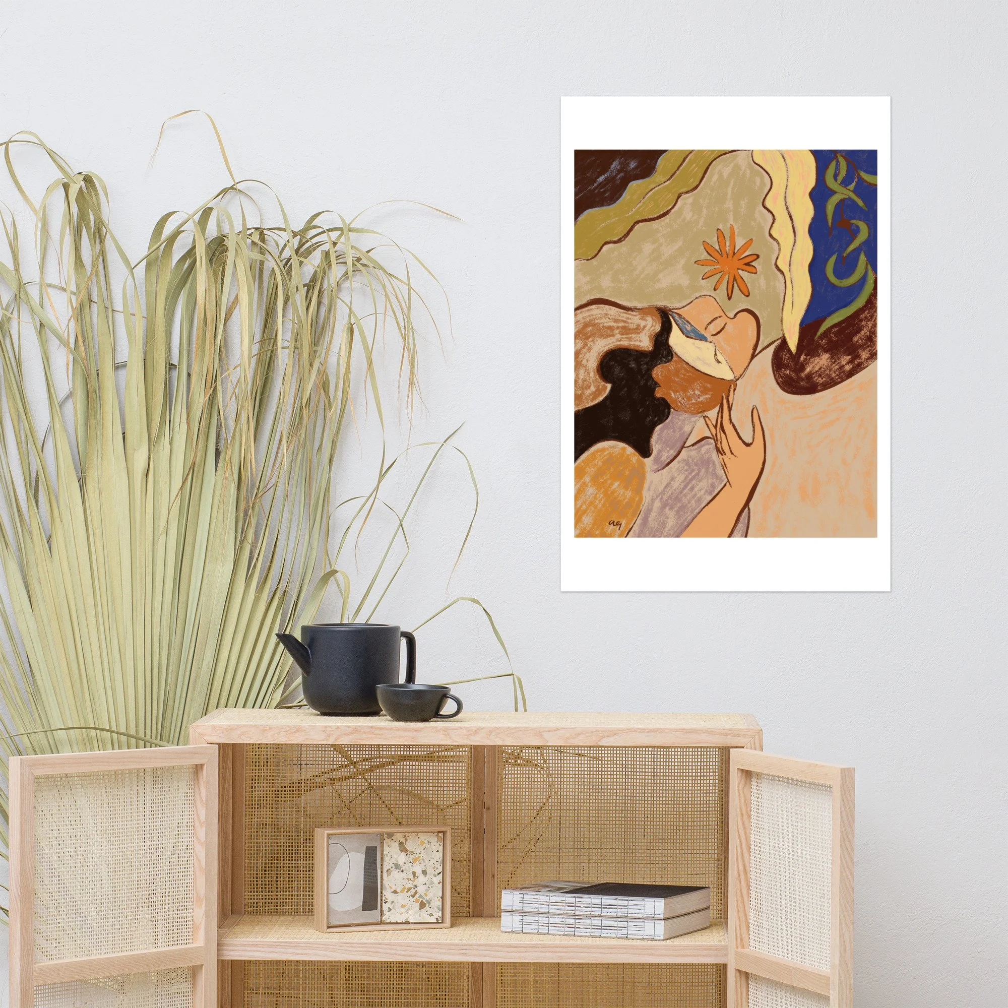 Abstract art of two women blending together, faces meeting softly.