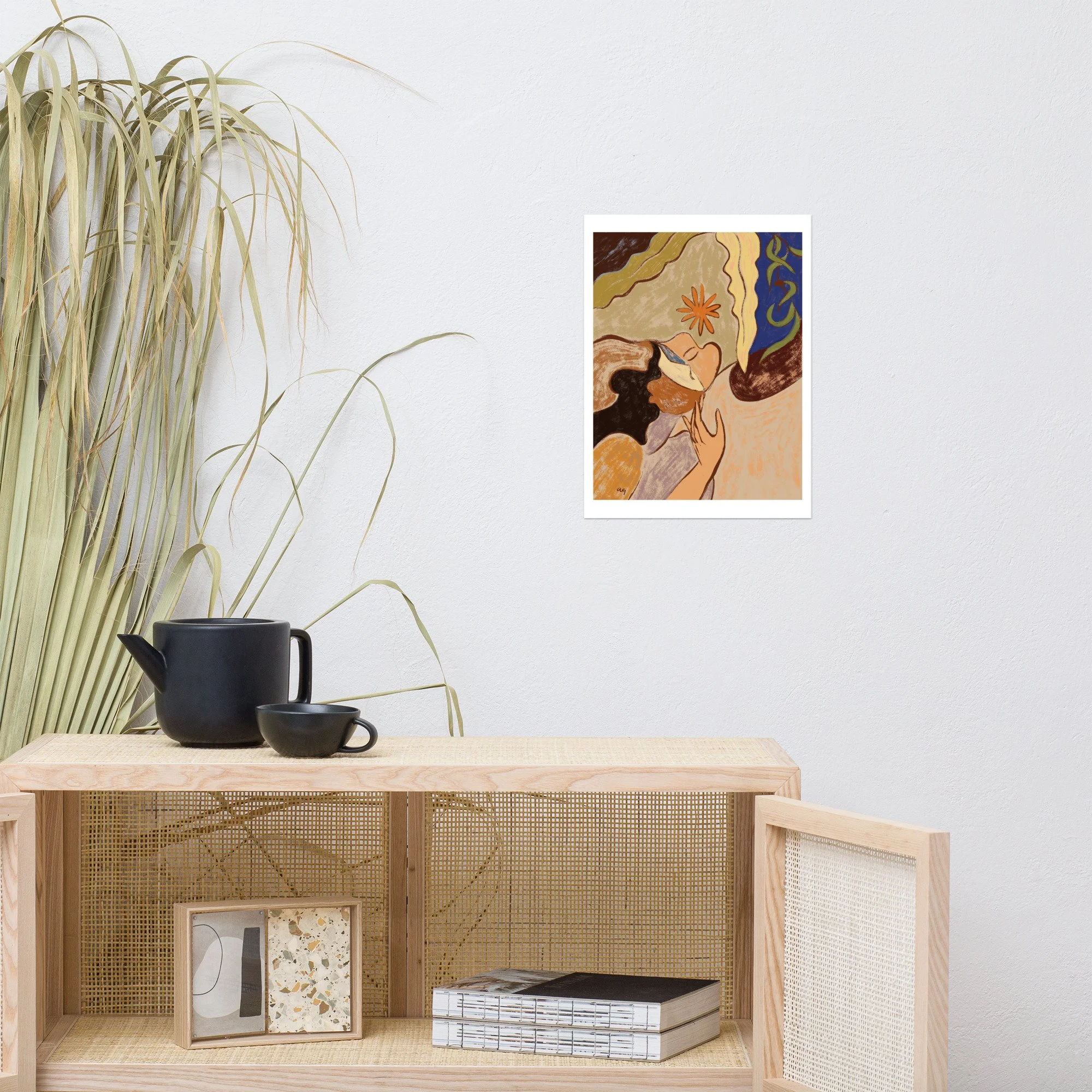 Abstract art of two women blending together, faces meeting softly.