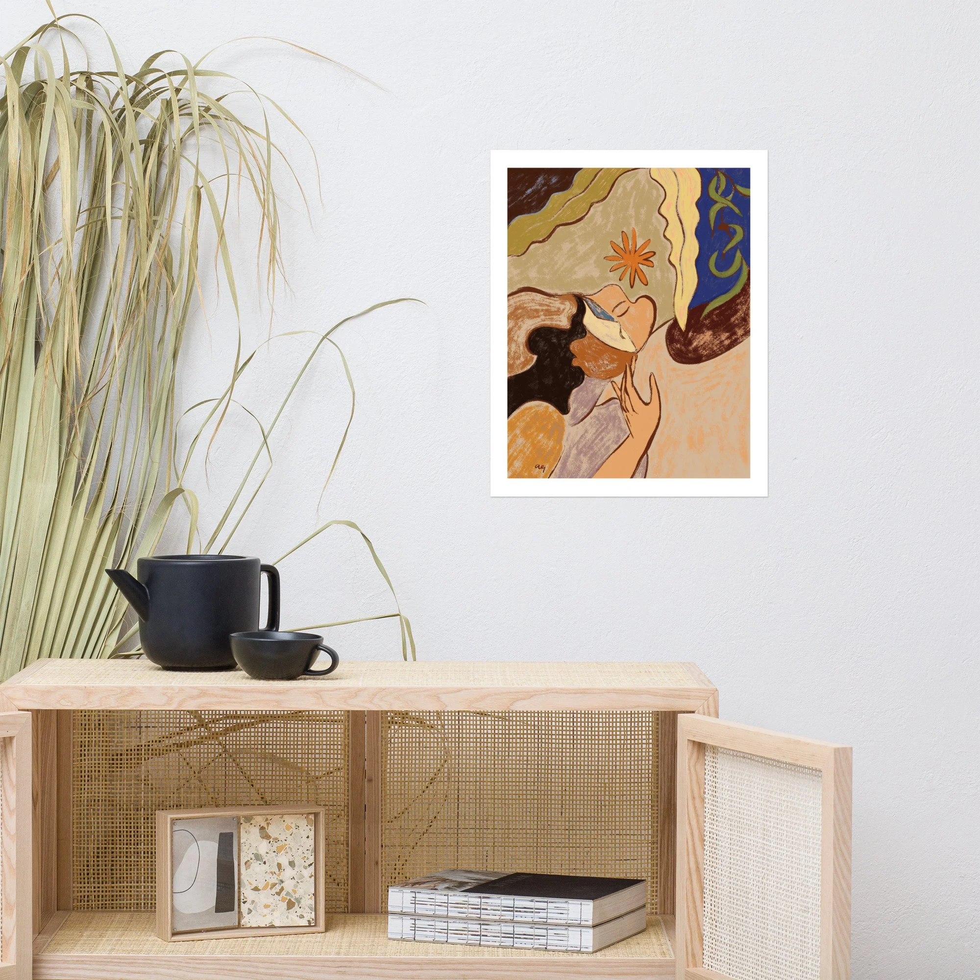 Abstract art of two women blending together, faces meeting softly.