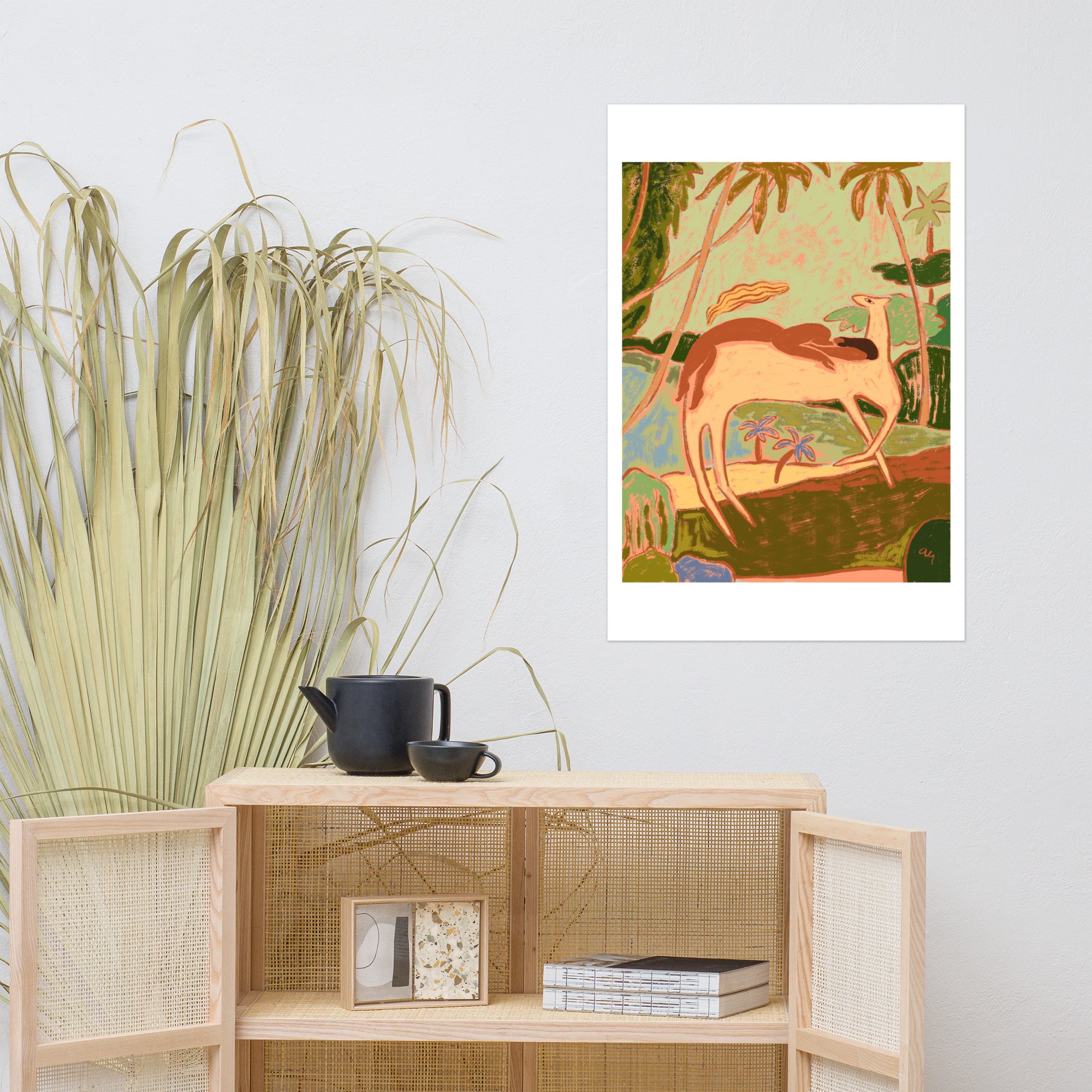 Woman resting peacefully on a horse surrounded by nature.