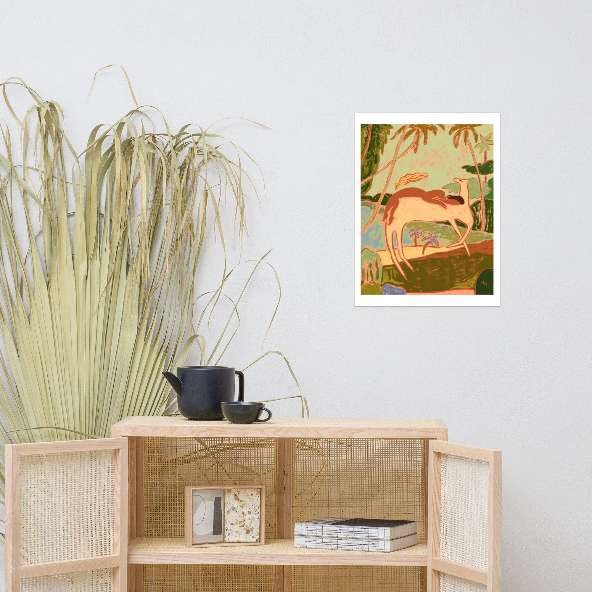 Woman resting peacefully on a horse surrounded by nature.