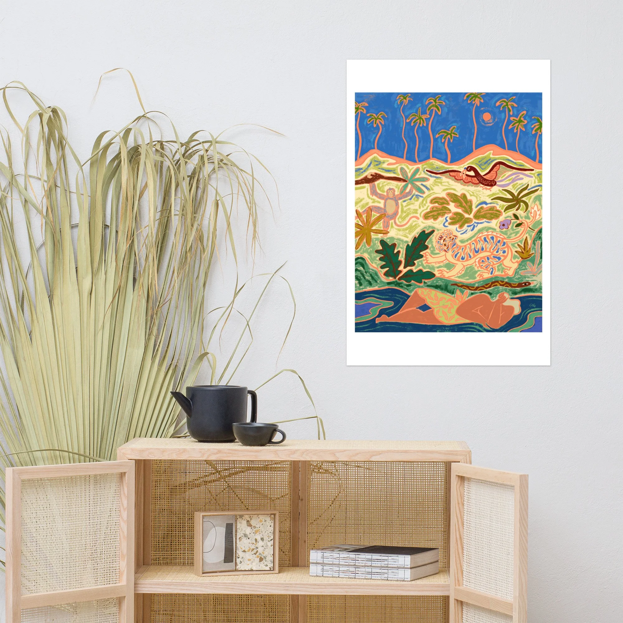 Woman resting in nature with tiger, monkey, snake and bird.