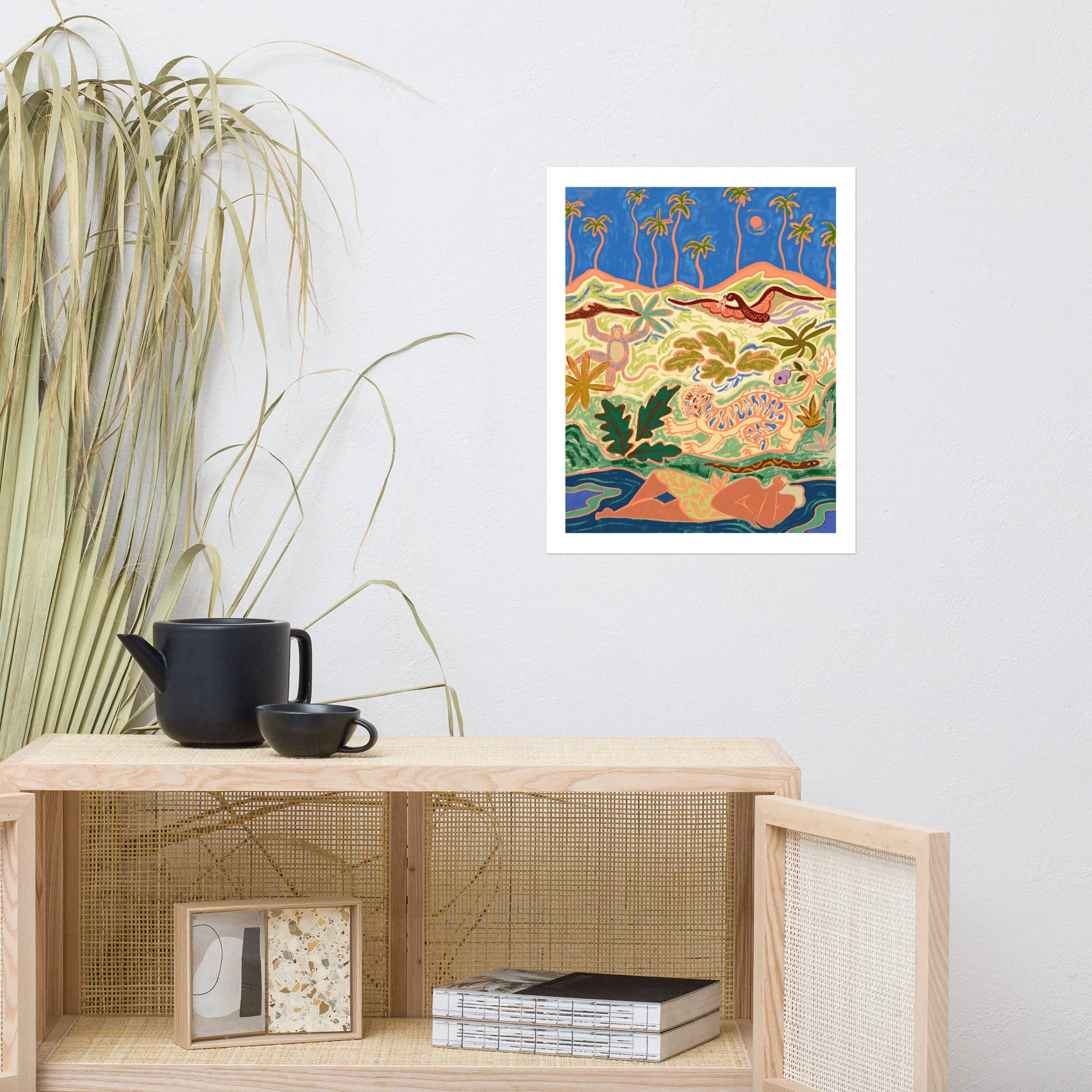 Woman resting in nature with tiger, monkey, snake and bird.