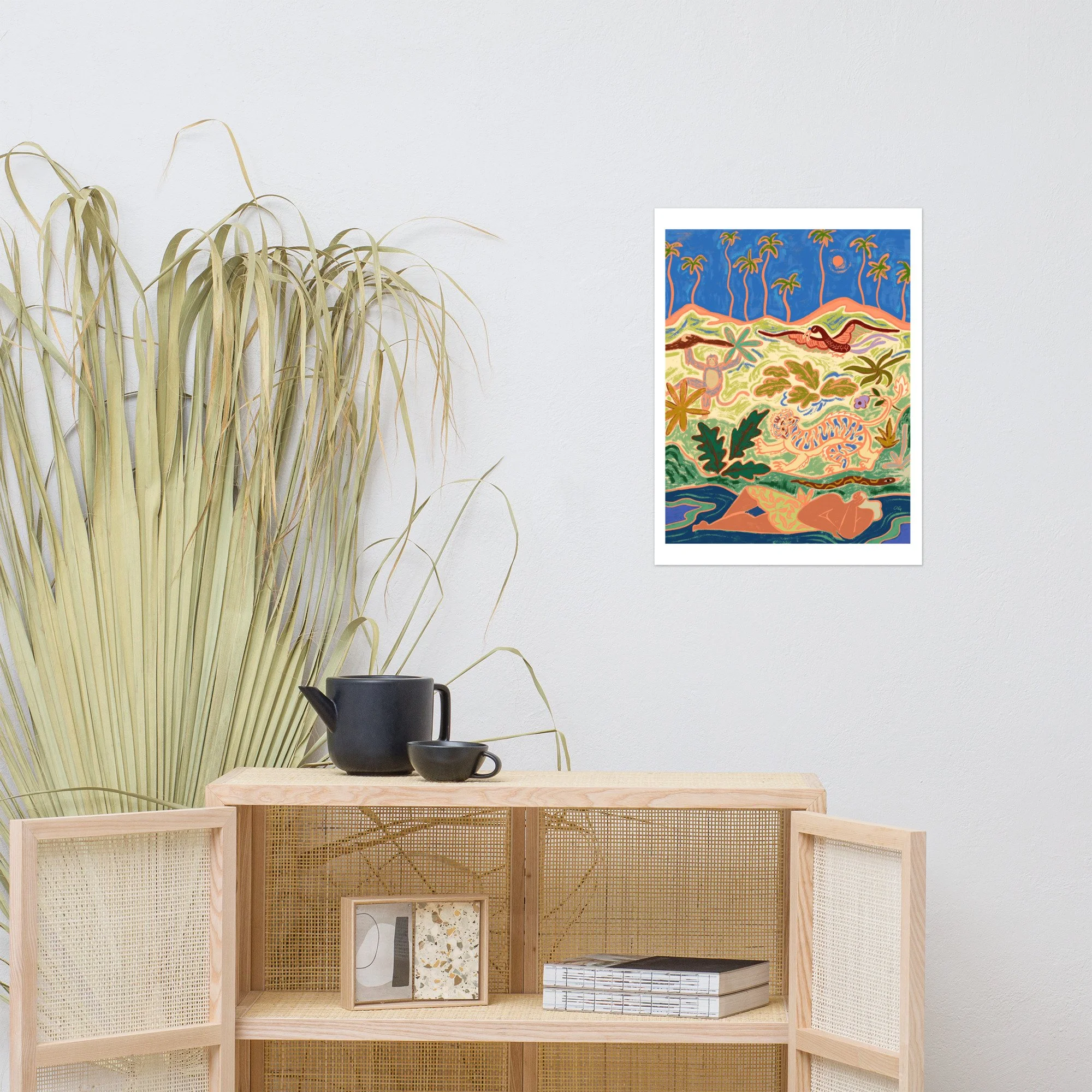 Woman resting in nature with tiger, monkey, snake and bird.