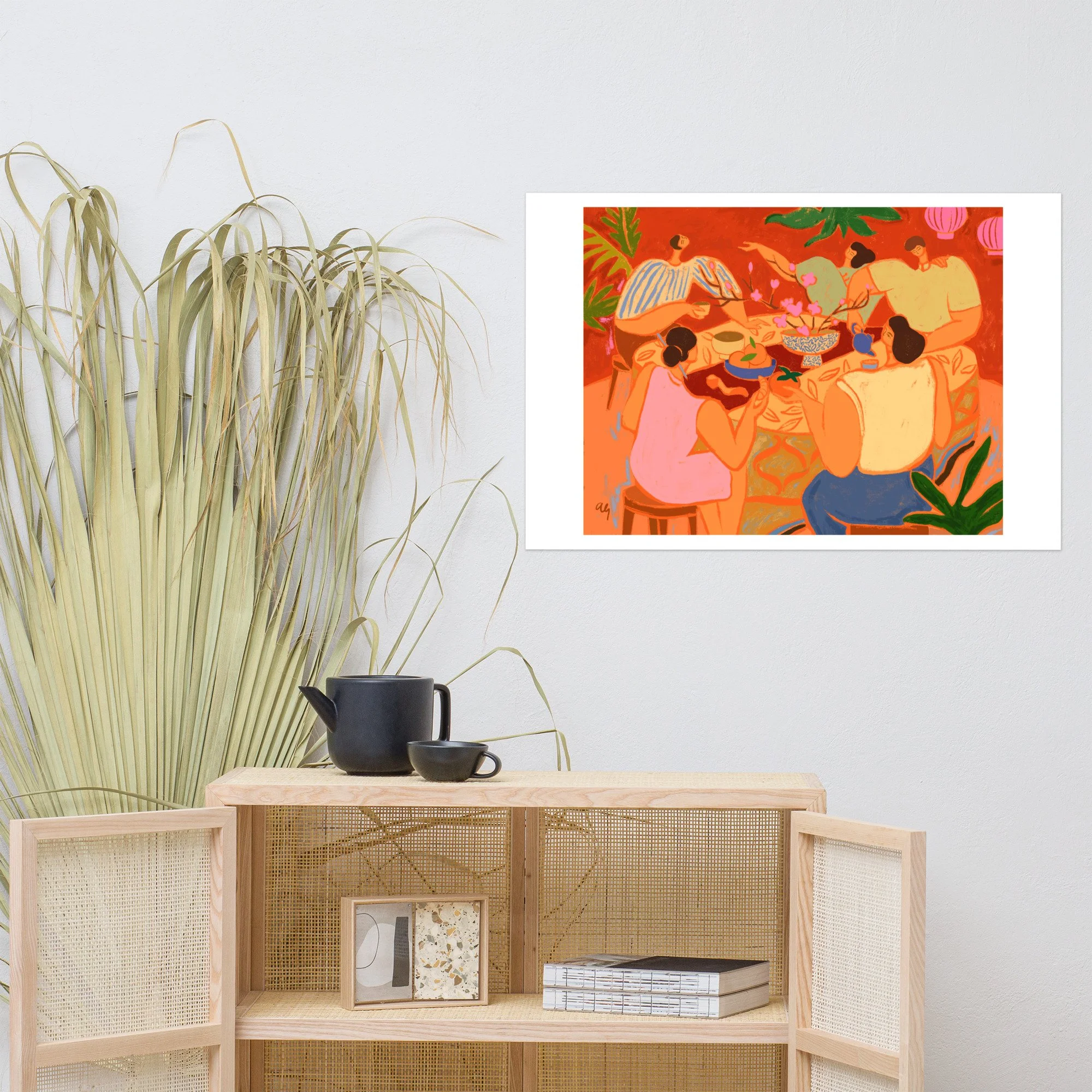 Family sharing reunion dinner in red festive Lunar New Year setting.