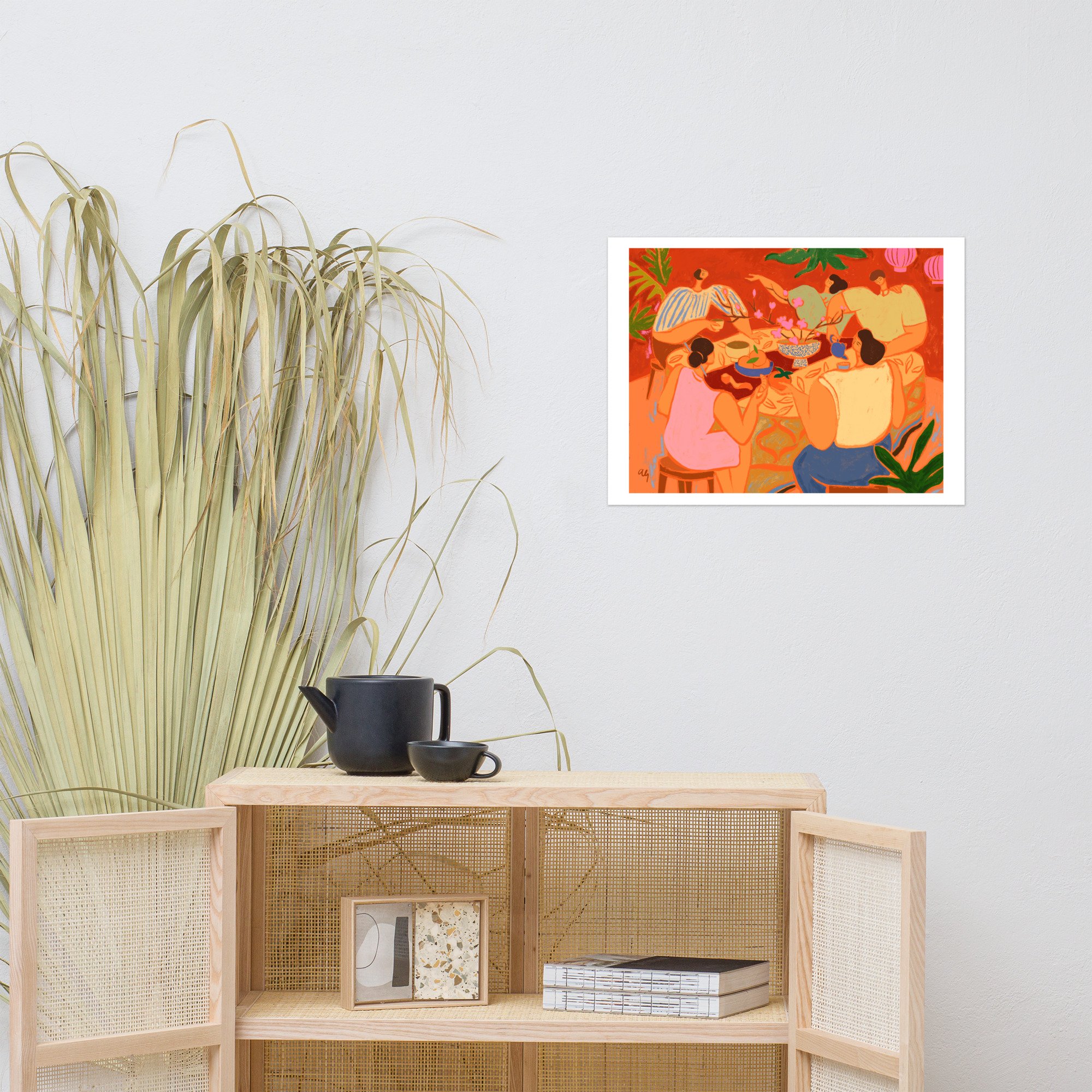 Family sharing reunion dinner in red festive Lunar New Year setting.