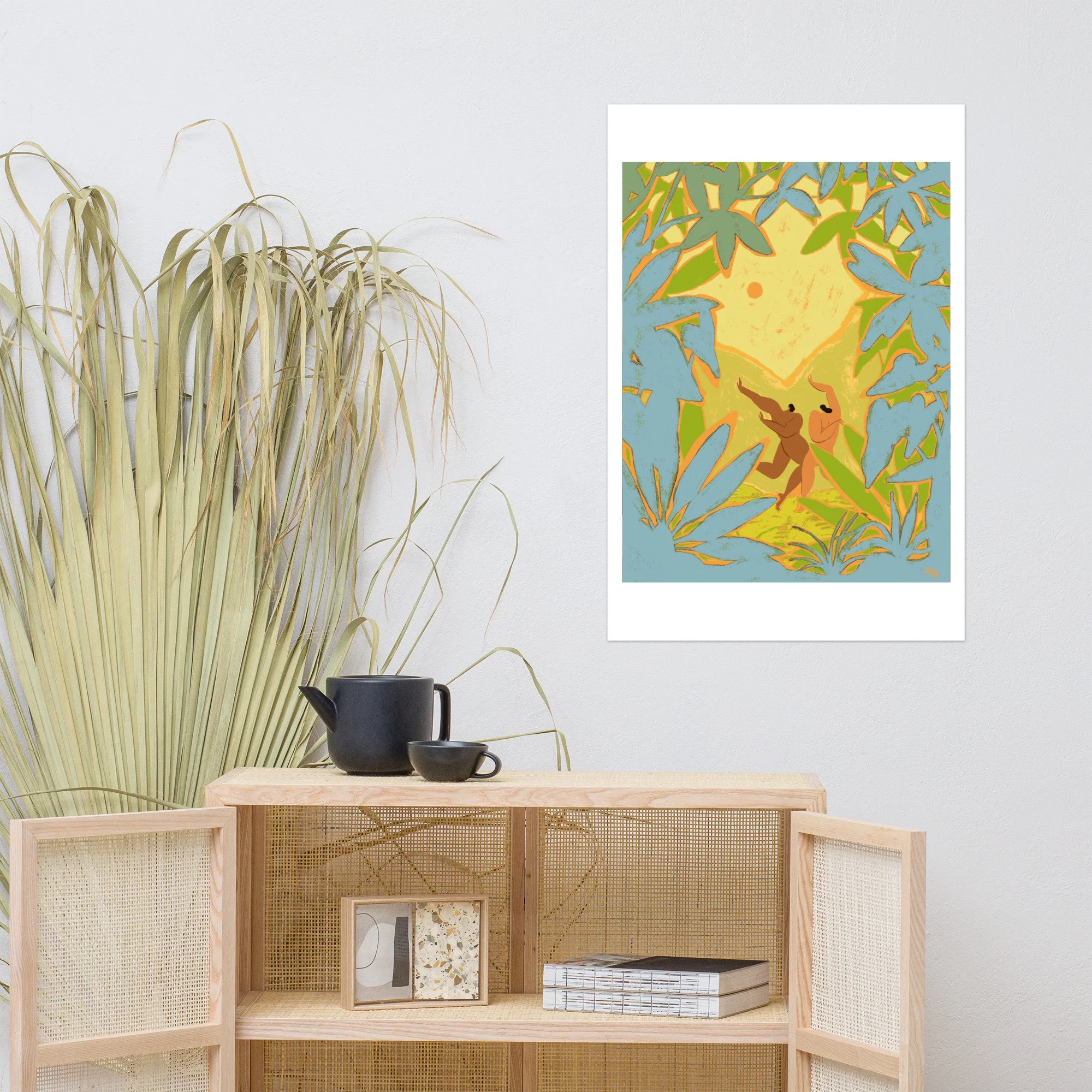 Two nude women dancing joyfully, framed by lush forest foliage.
