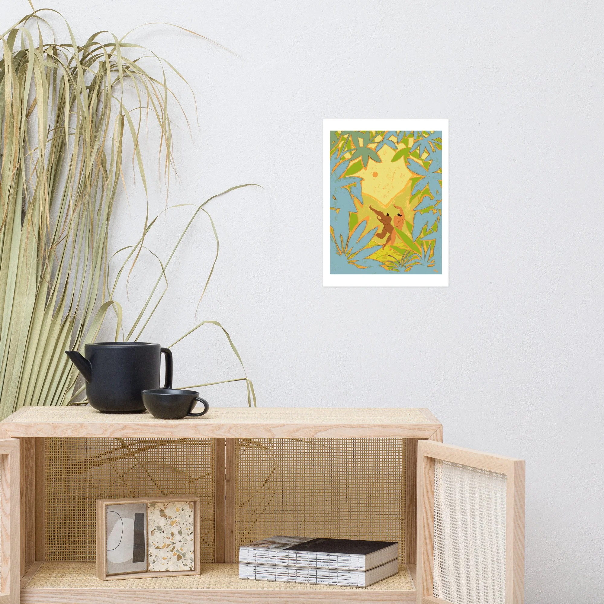 Two nude women dancing joyfully, framed by lush forest foliage.