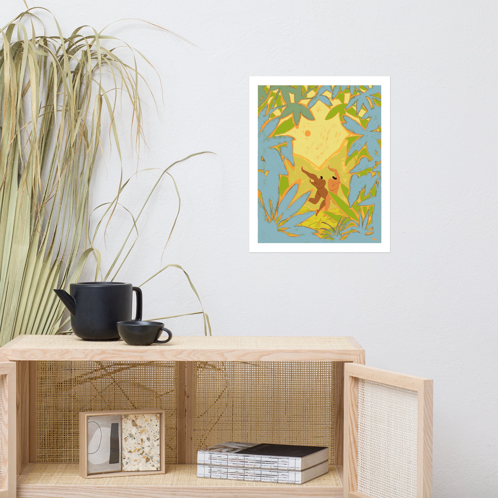 Two nude women dancing joyfully, framed by lush forest foliage.