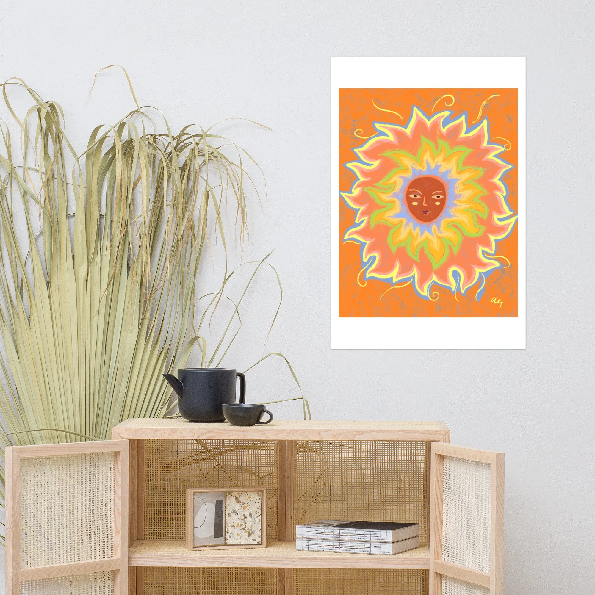 Illustrated sun with a woman's face and rainbow rays.