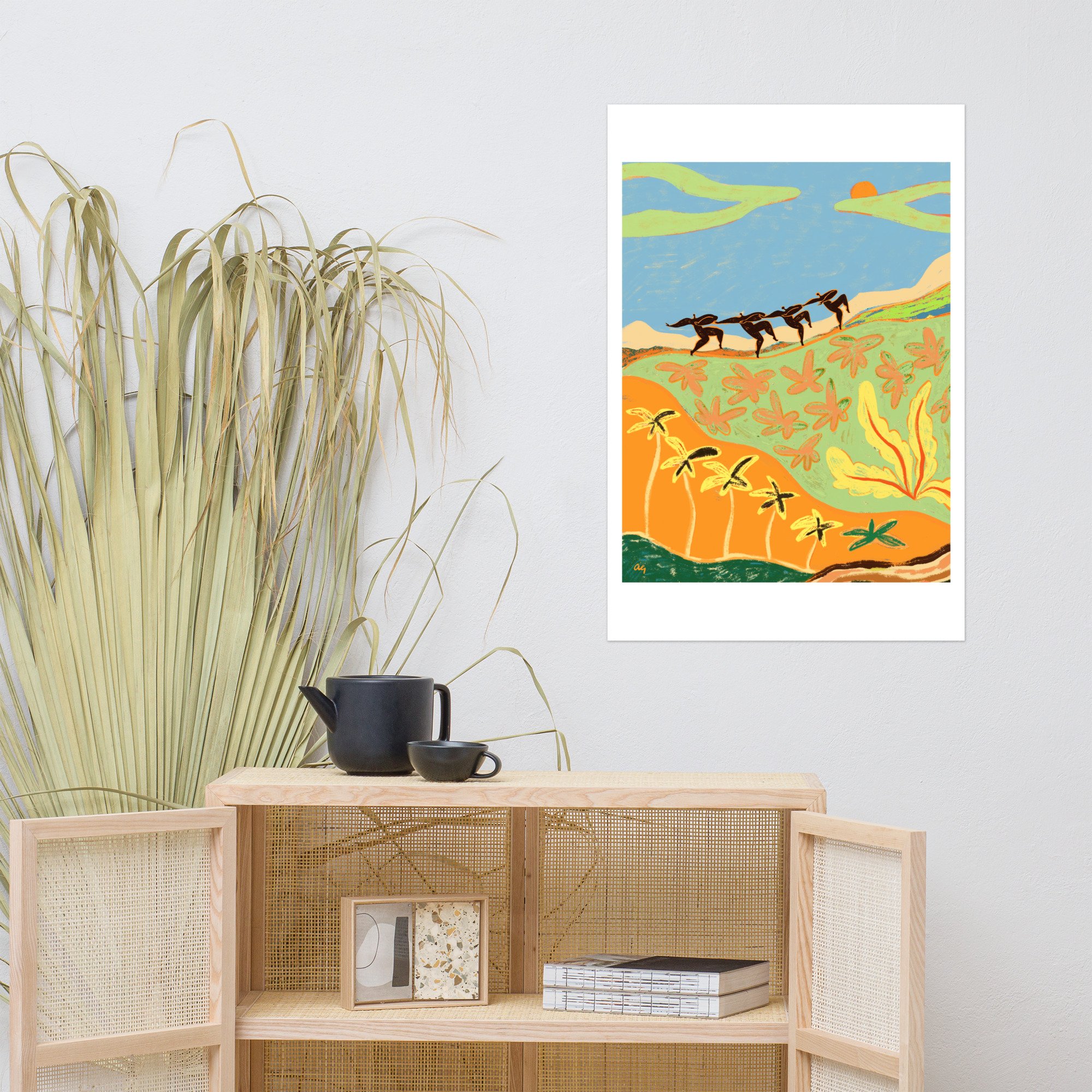 Four abstract figures dancing together in mountain landscape, sunlit.
