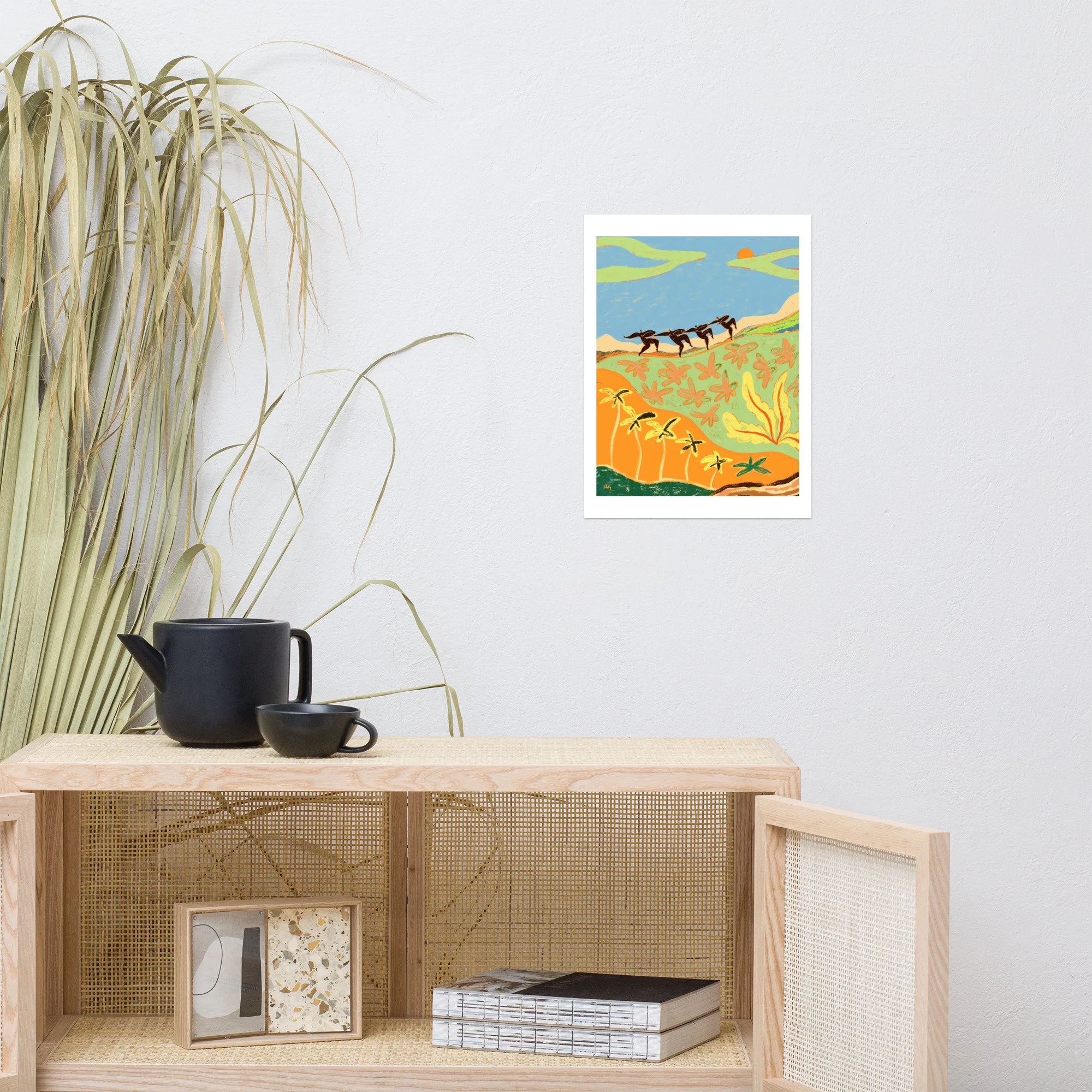 Four abstract figures dancing together in mountain landscape, sunlit.