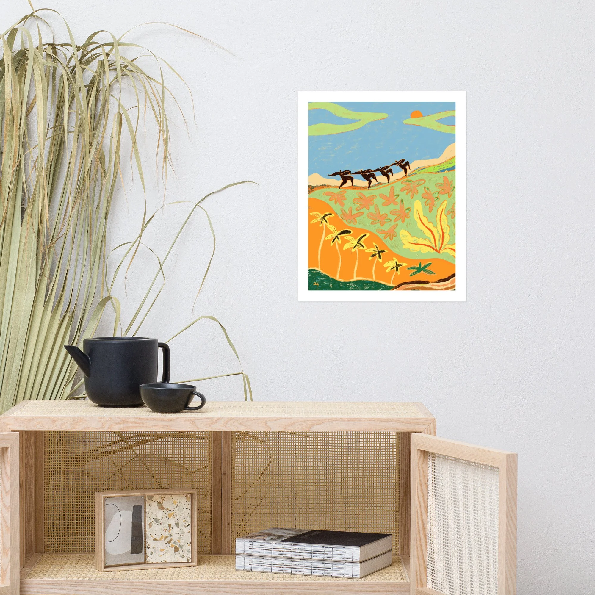 Four abstract figures dancing together in mountain landscape, sunlit.