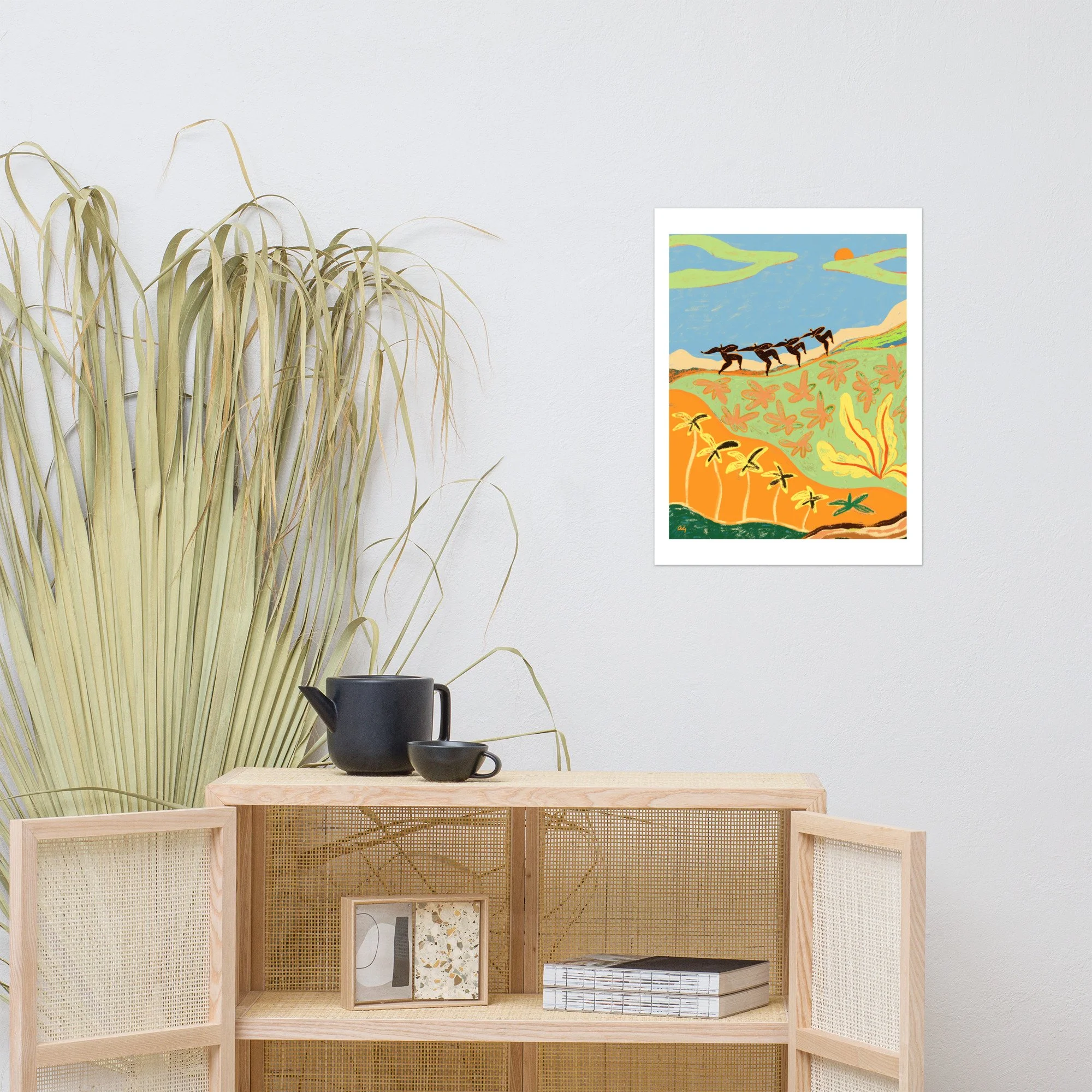Four abstract figures dancing together in mountain landscape, sunlit.