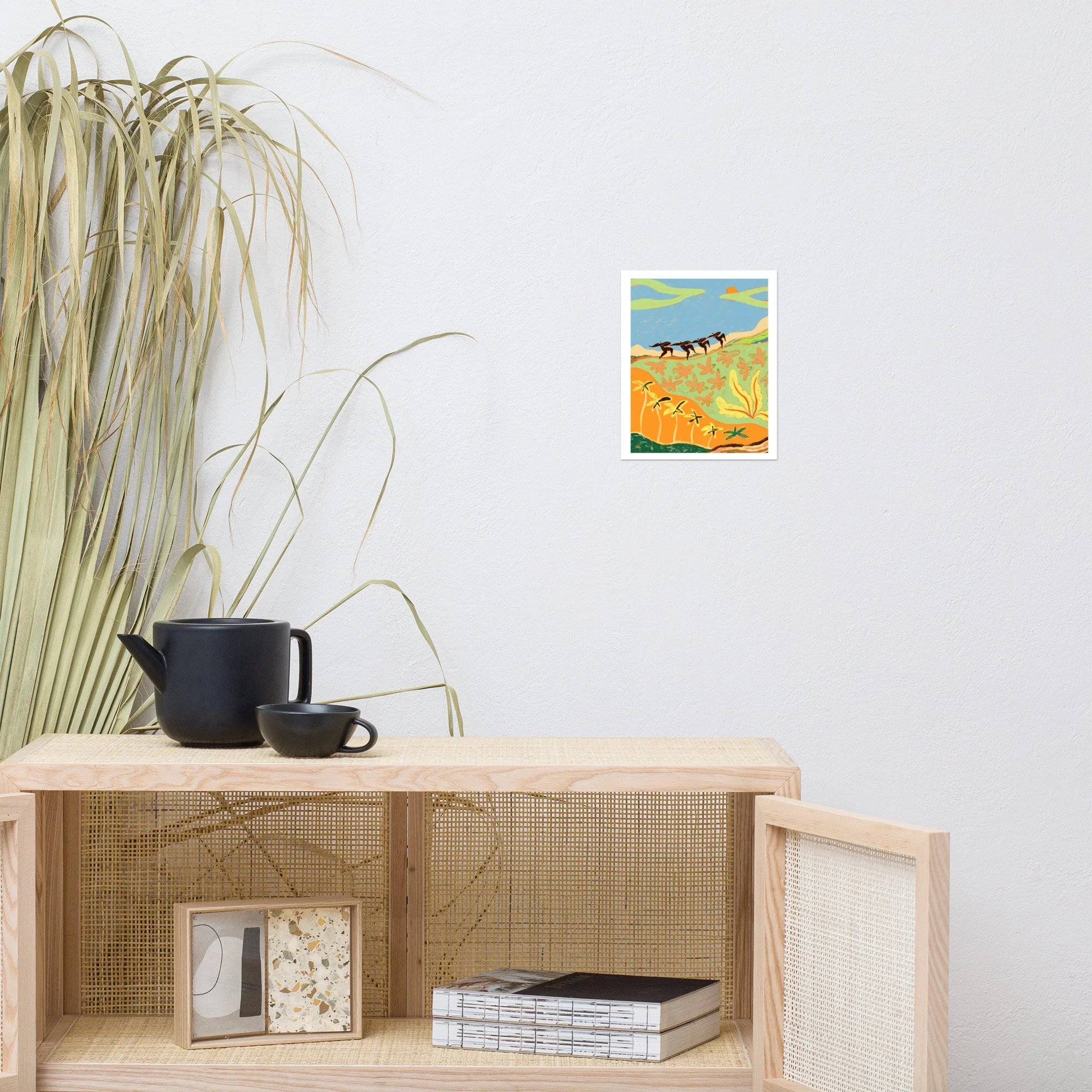 Four abstract figures dancing together in mountain landscape, sunlit.
