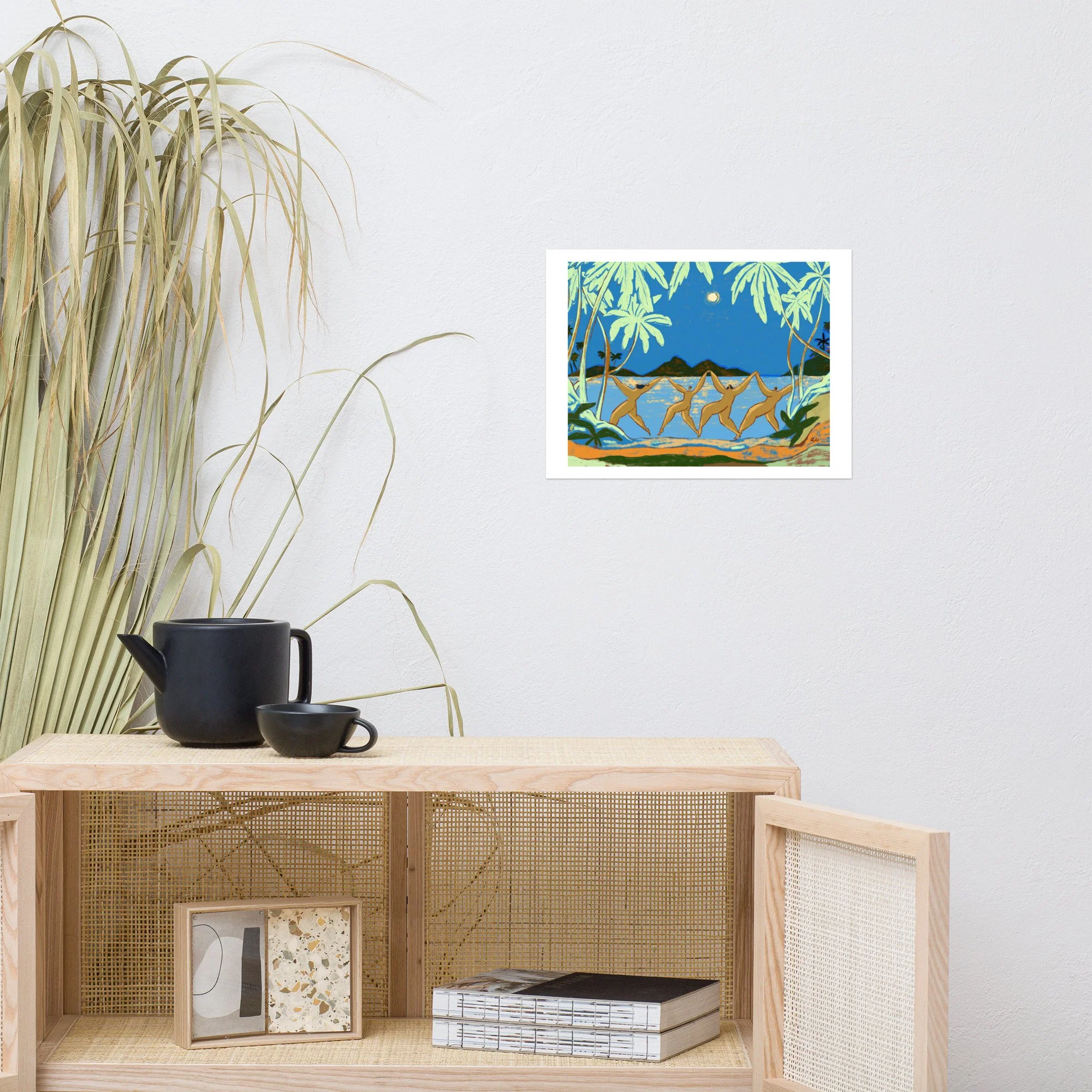 Women holding hands in a joyful moonlit chain together.