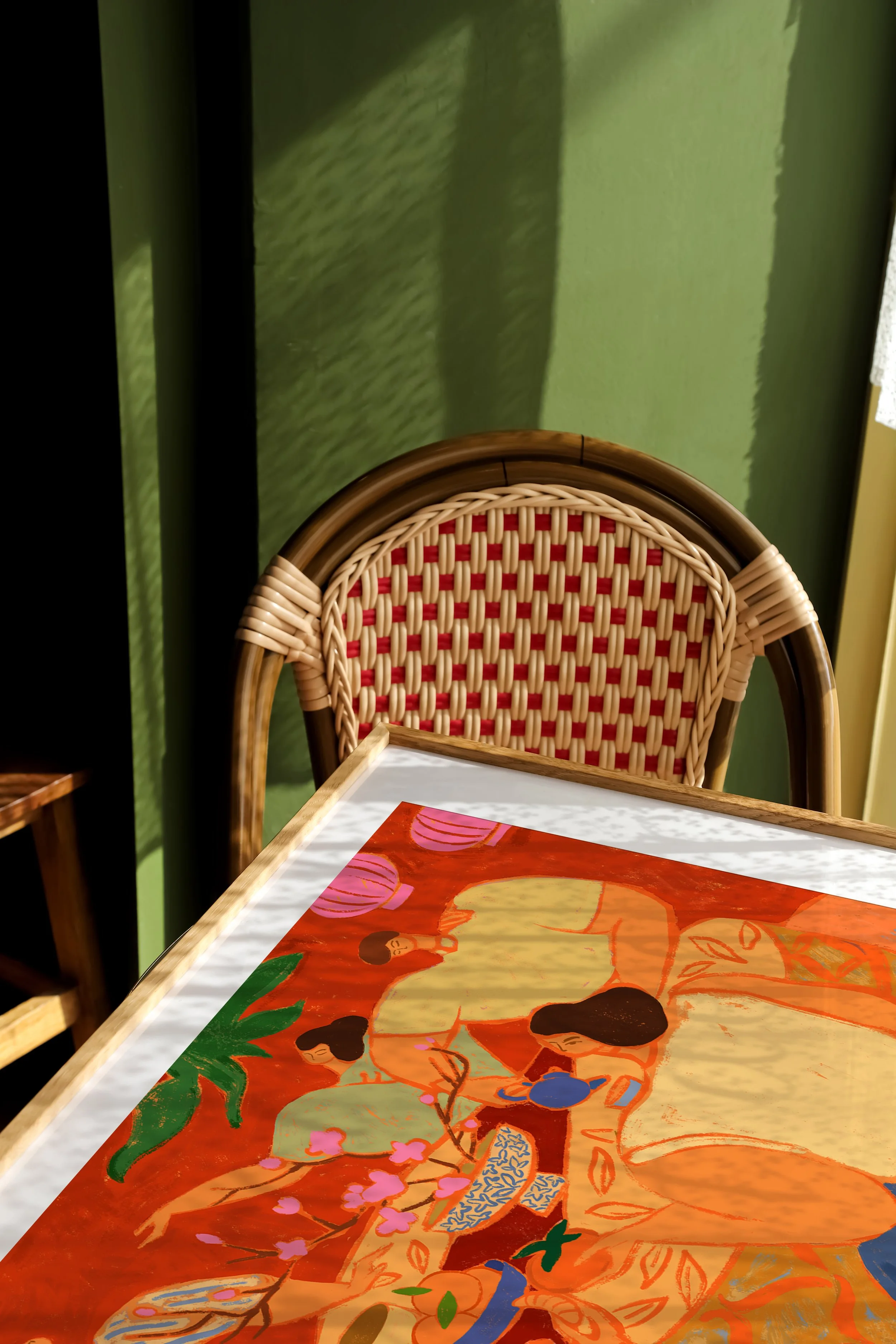 Family sharing reunion dinner in red festive Lunar New Year setting.