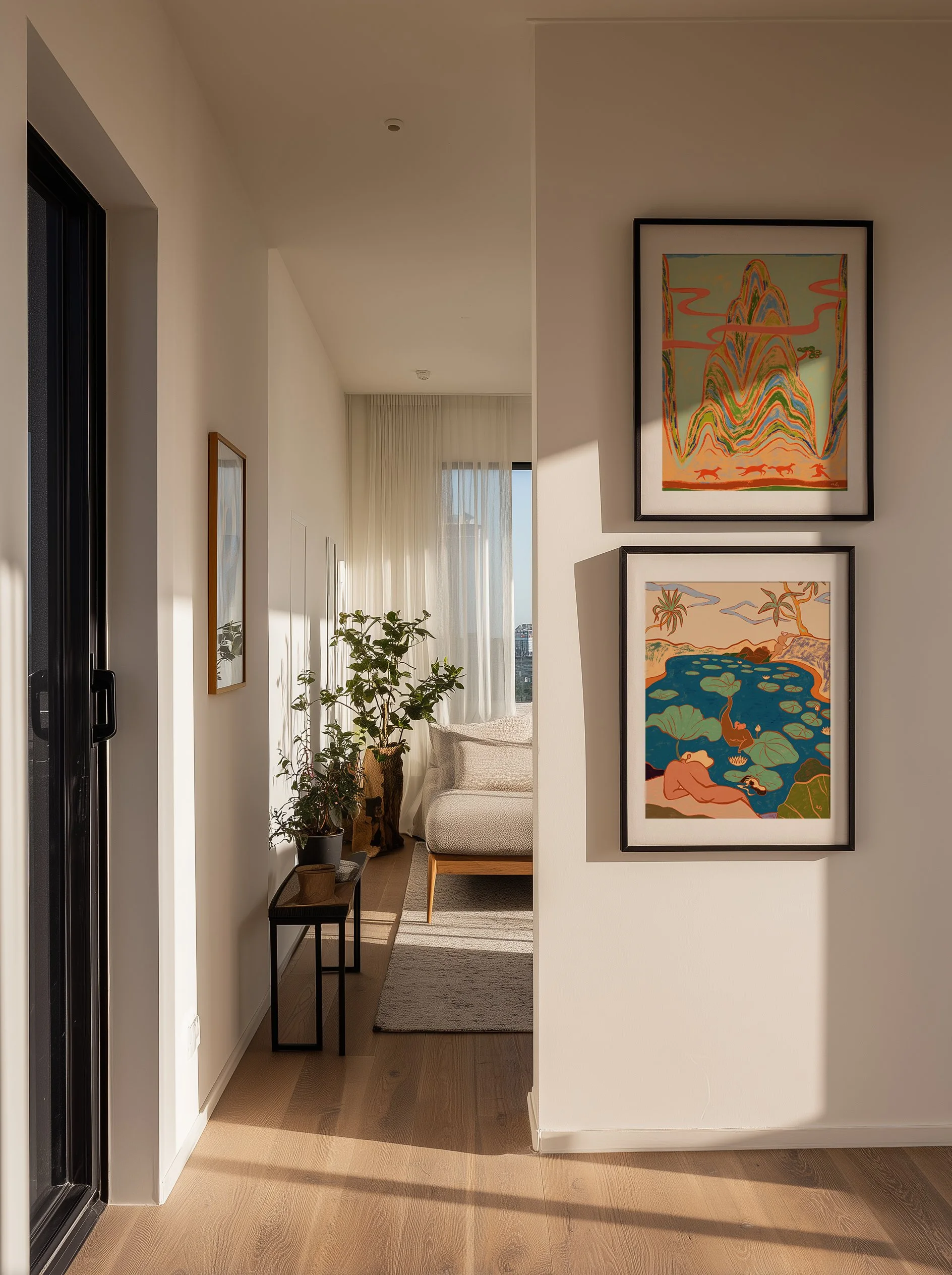 Diverse women relaxing by a lush lily pond in playful, mermaid-like poses.
