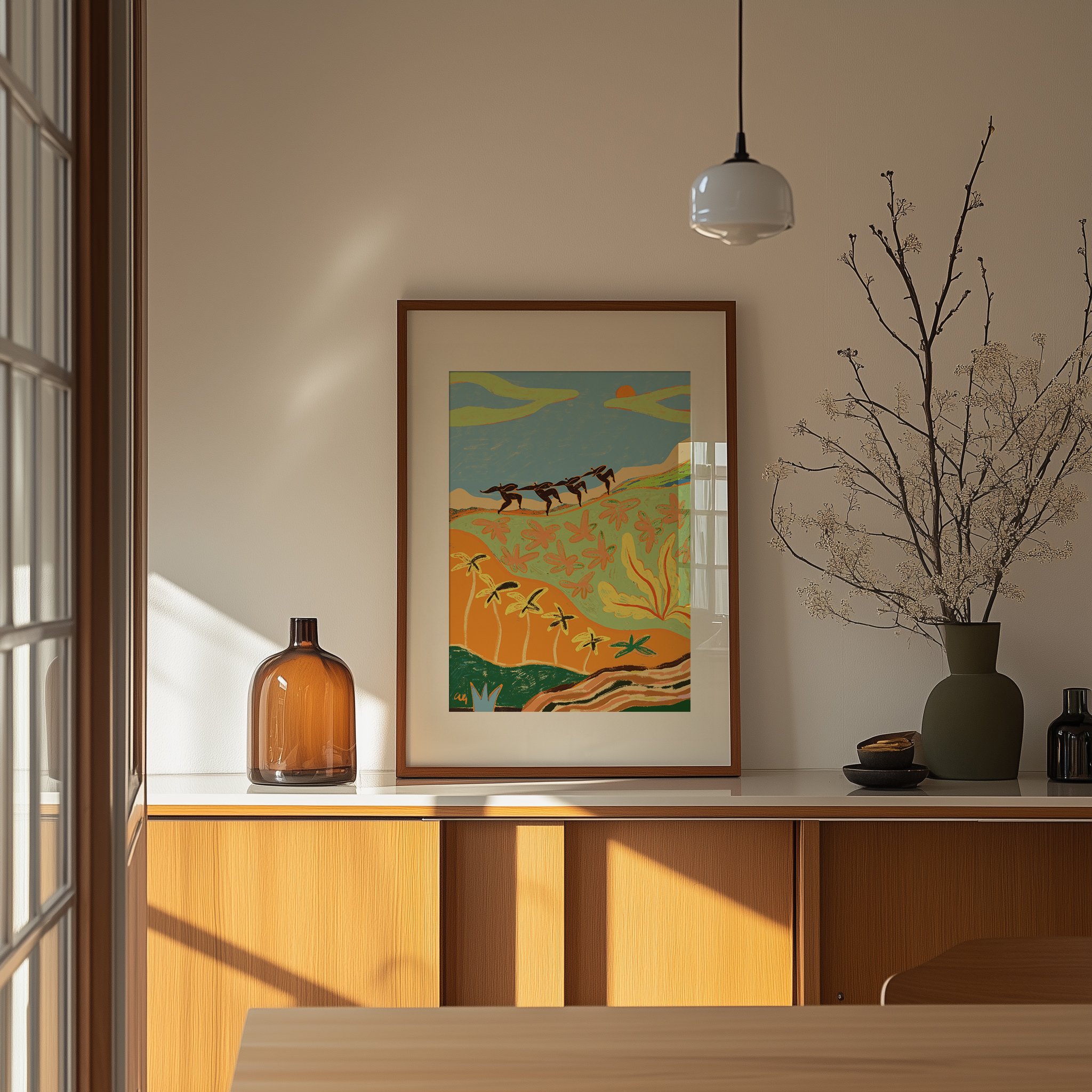 Four abstract figures dancing together in mountain landscape, sunlit.