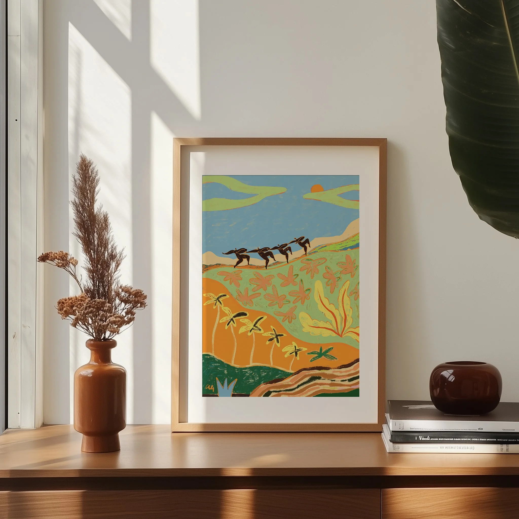 Four abstract figures dancing together in mountain landscape, sunlit.