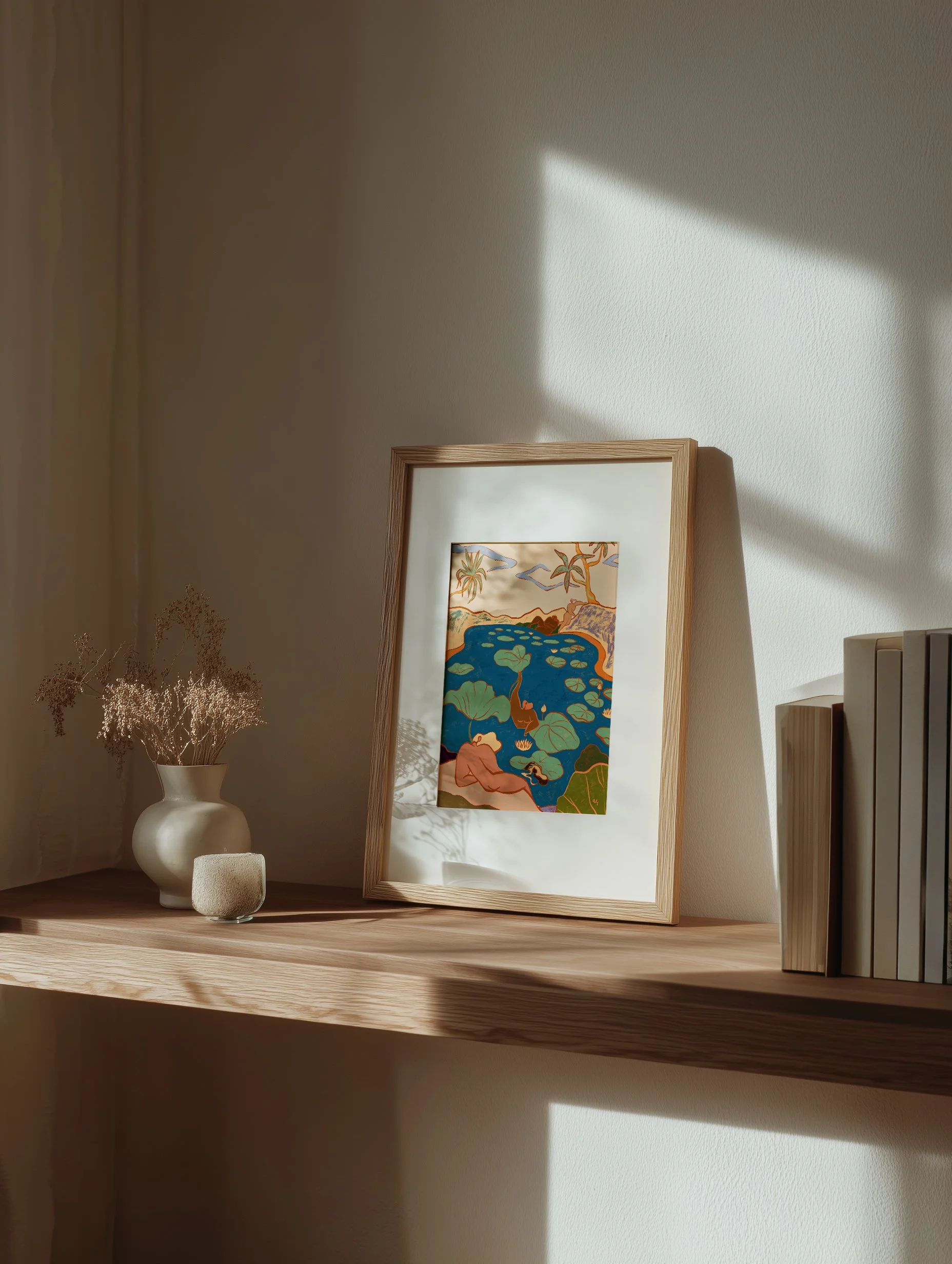 Diverse women relaxing by a lush lily pond in playful, mermaid-like poses.