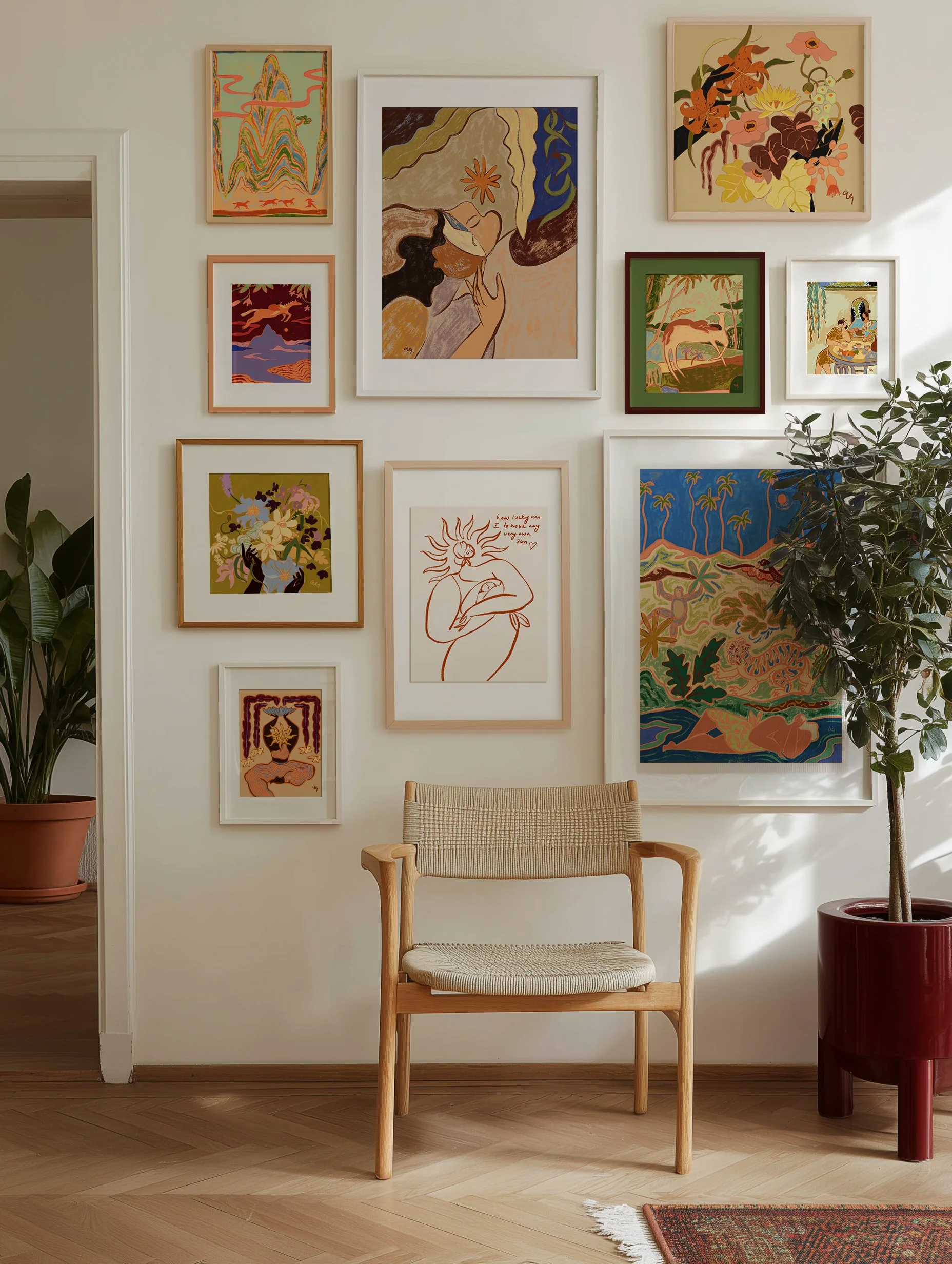 Woman resting in nature with tiger, monkey, snake and bird.