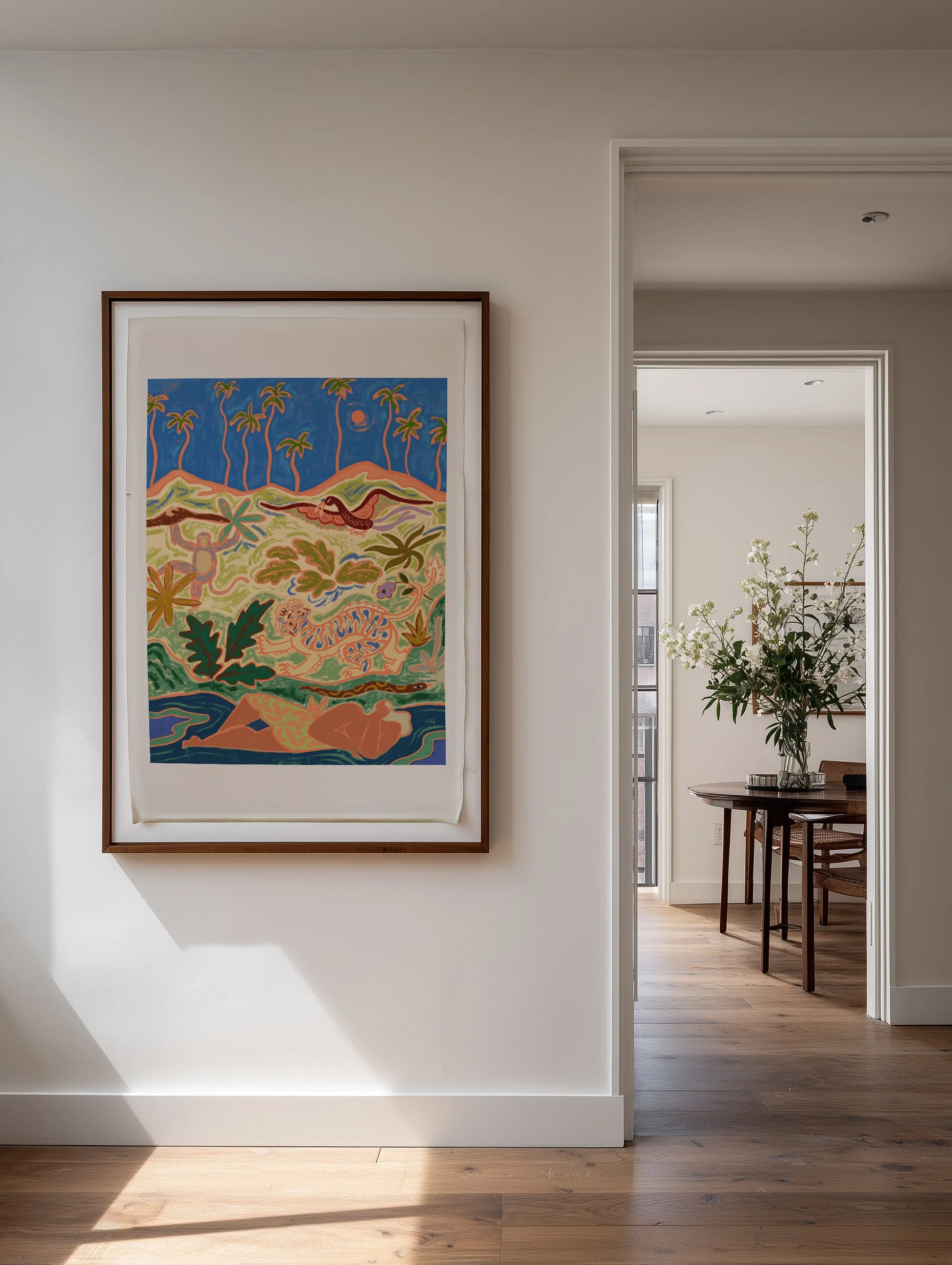 Woman resting in nature with tiger, monkey, snake and bird.