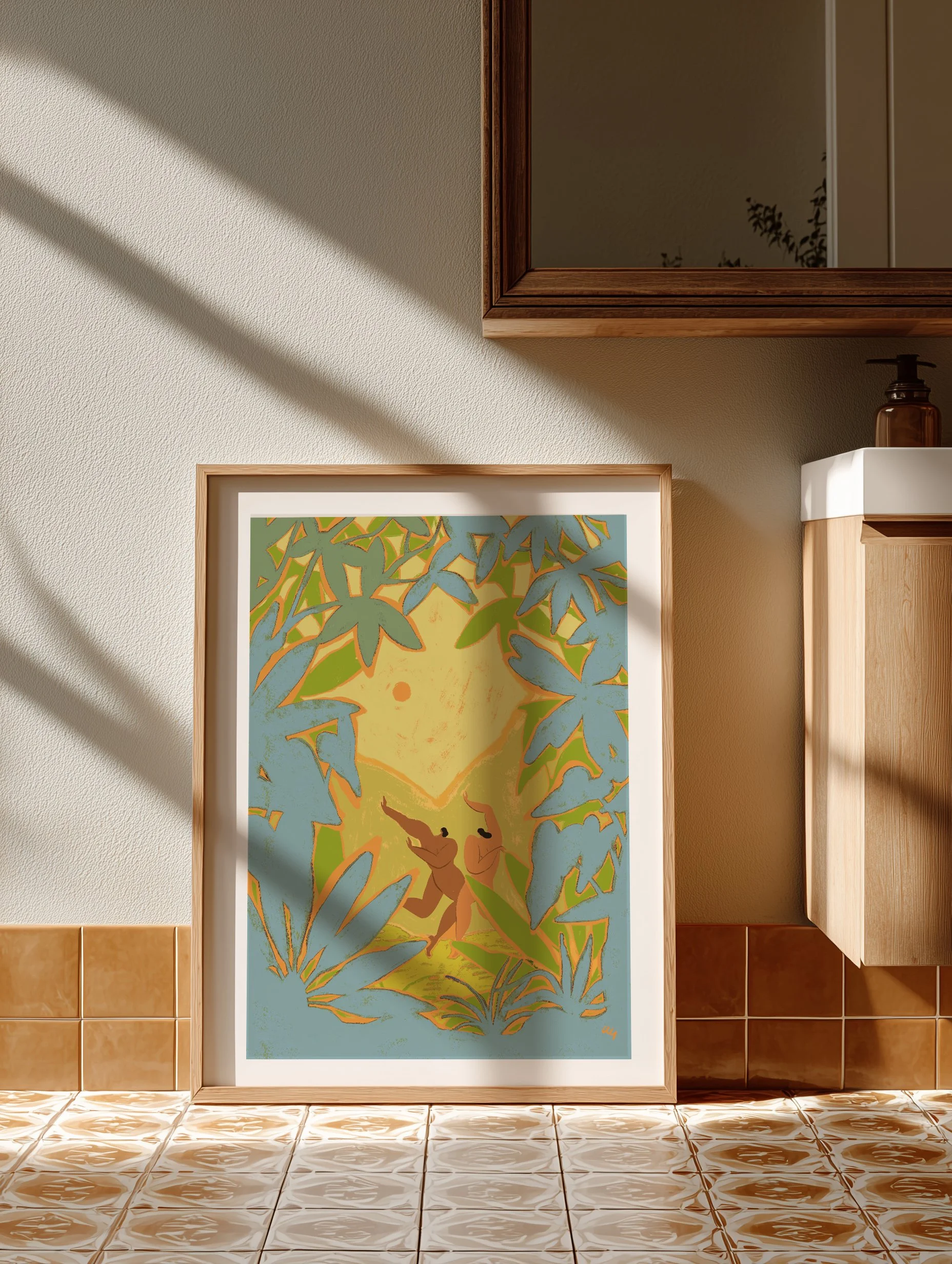 Two nude women dancing joyfully, framed by lush forest foliage.