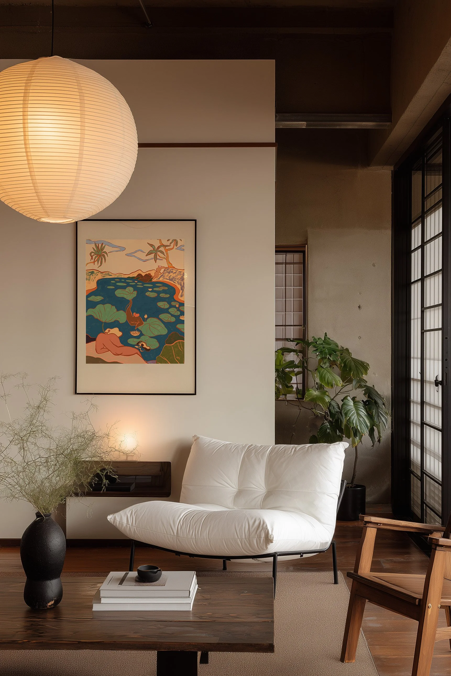 Diverse women relaxing by a lush lily pond in playful, mermaid-like poses.