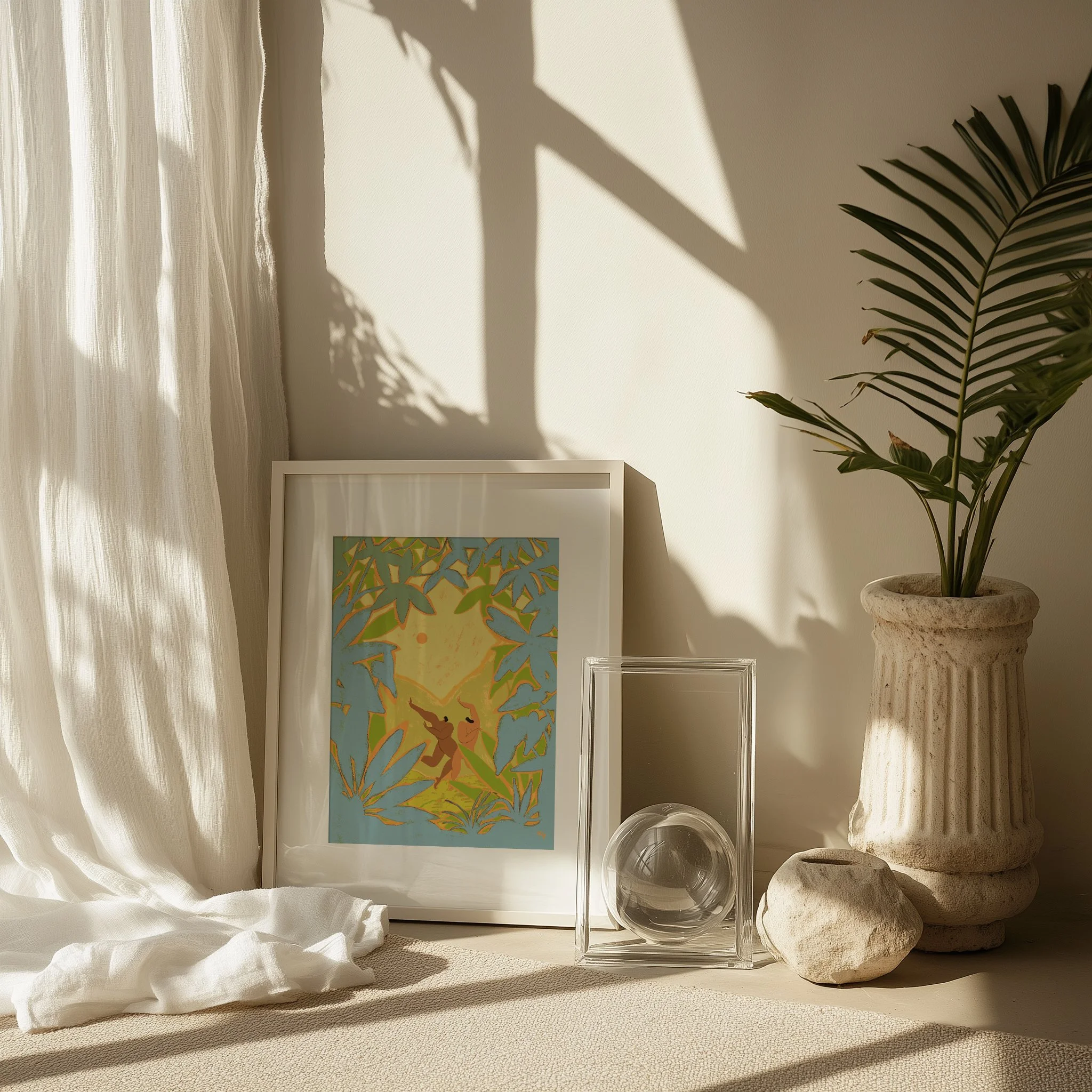 Two nude women dancing joyfully, framed by lush forest foliage.