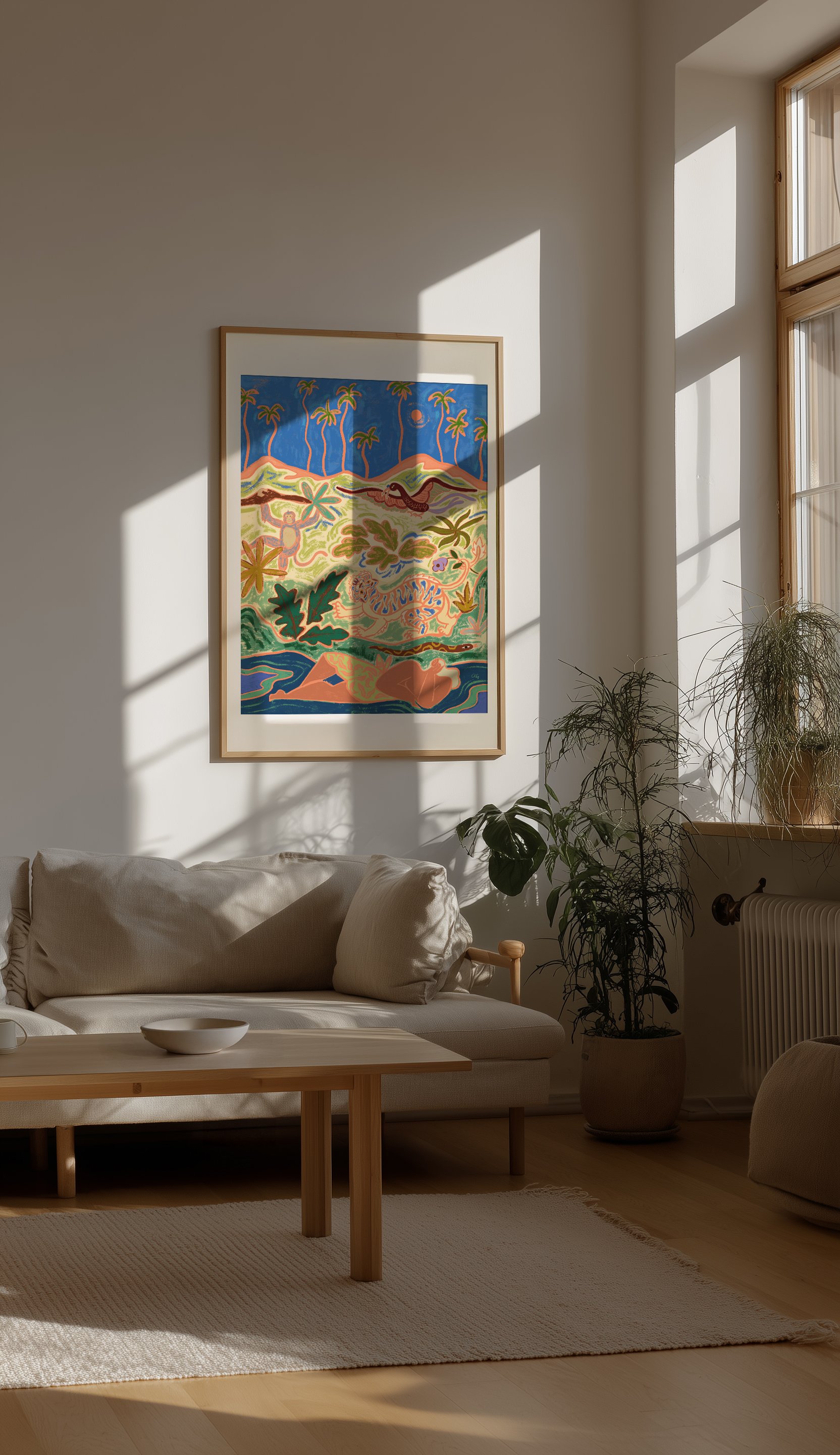 Woman resting in nature with tiger, monkey, snake and bird.