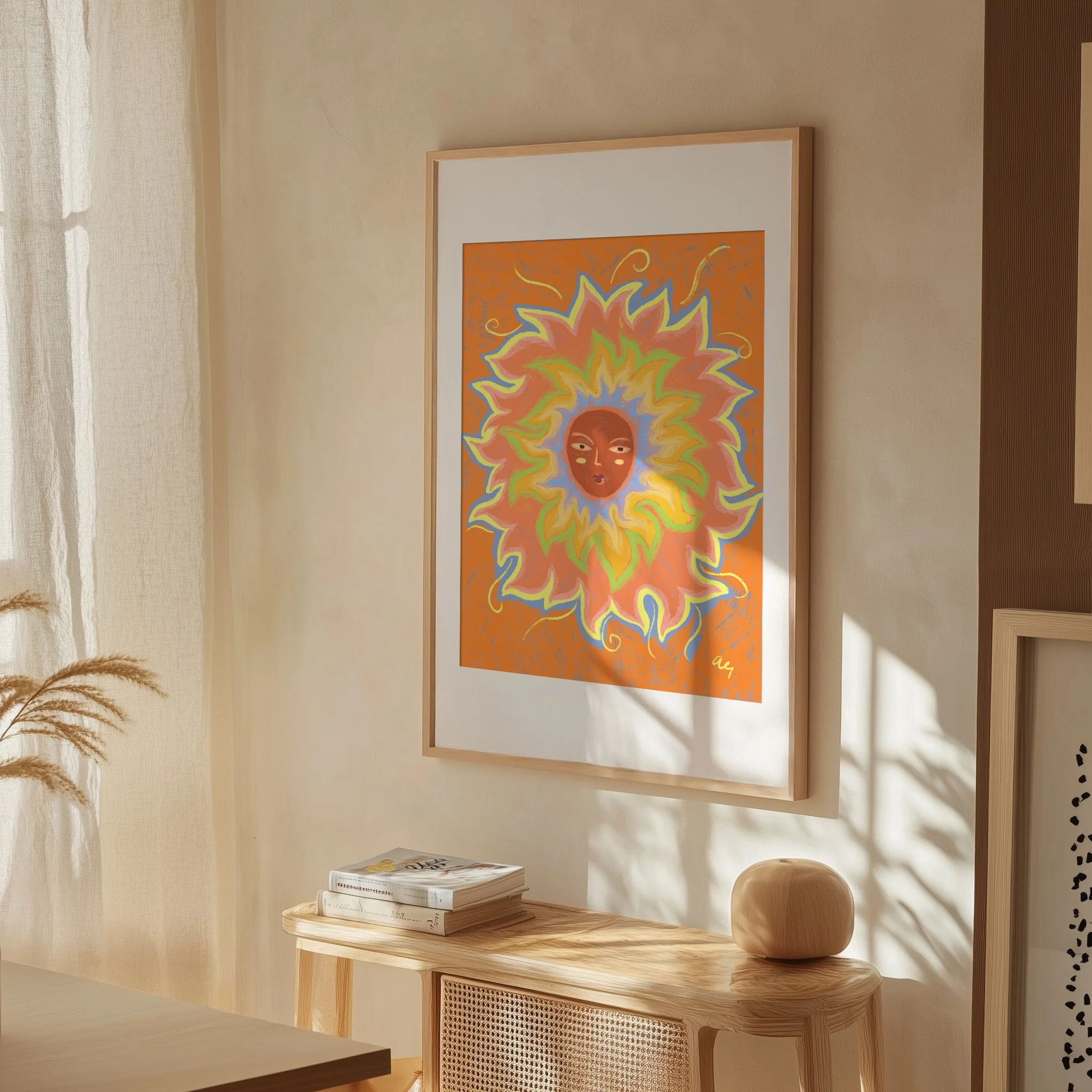 Illustrated sun with a woman's face and rainbow rays.