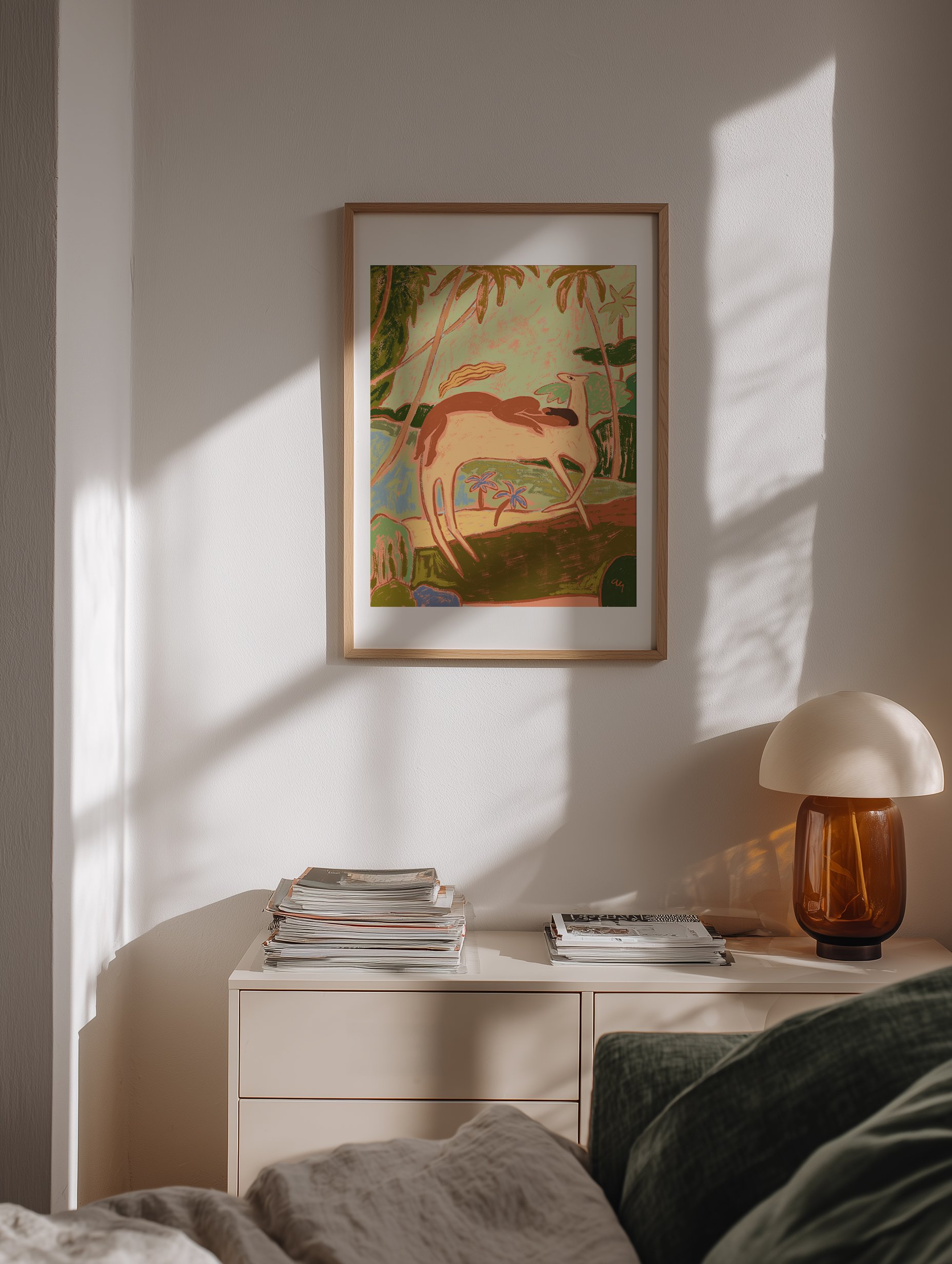 Woman resting peacefully on a horse surrounded by nature.