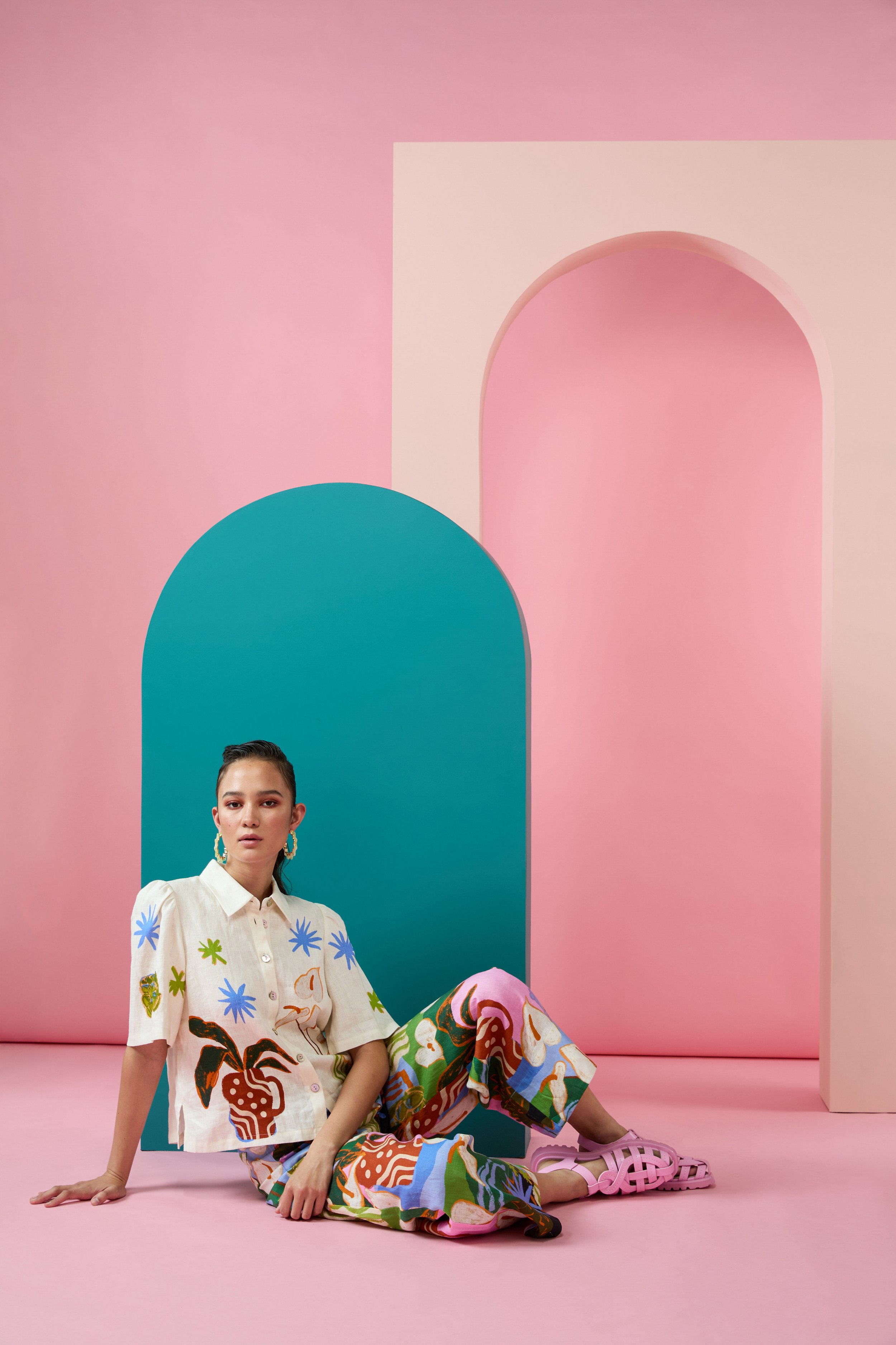 Arty Guava x Gorman collaboration featuring vibrant, joyful art inspired by movement, feminine energy, and playful expression. Colourful wearable art celebrating harmony, creativity, and connection.