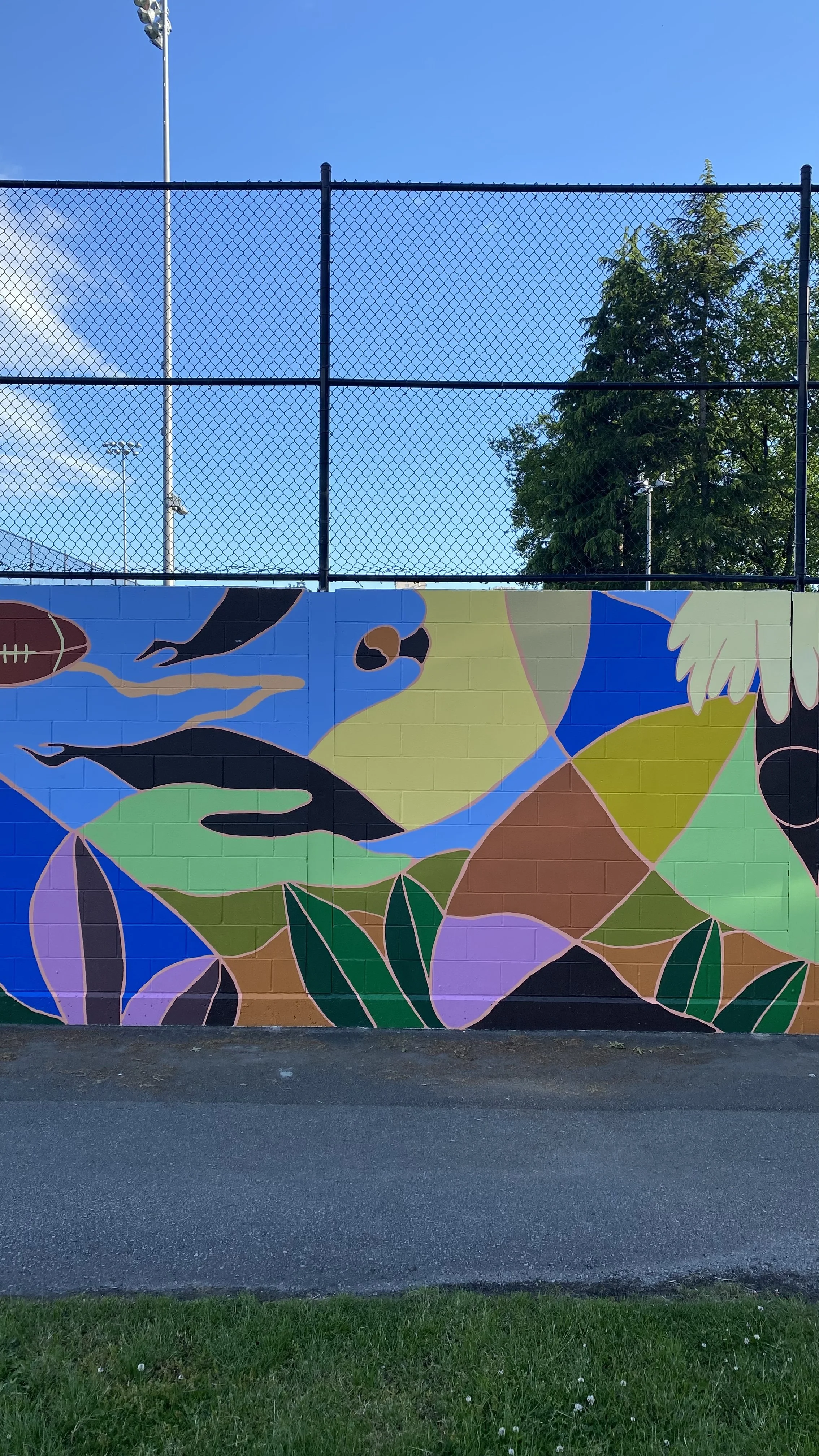 Arty Guava mural at Minoru Park Tennis Court in Richmond, featuring vibrant colours and joyful figures inspired by movement, sport, and community in a public outdoor space.