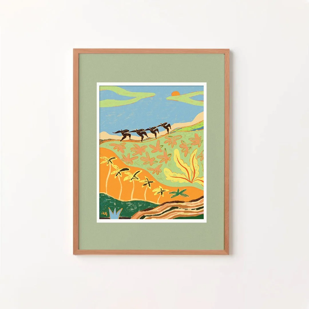 Four abstract figures dancing together in mountain landscape, sunlit.