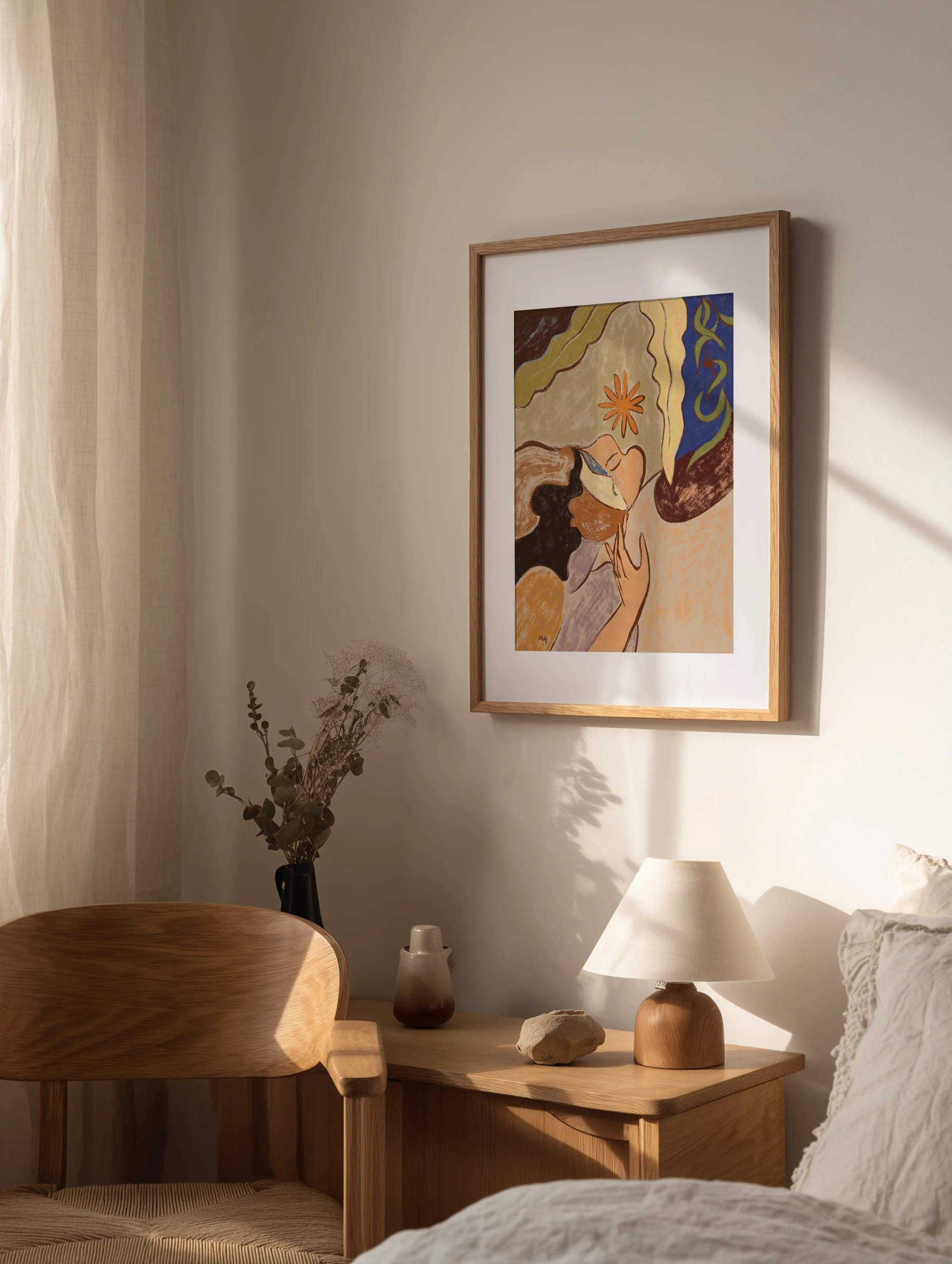 Abstract art of two women blending together, faces meeting softly.