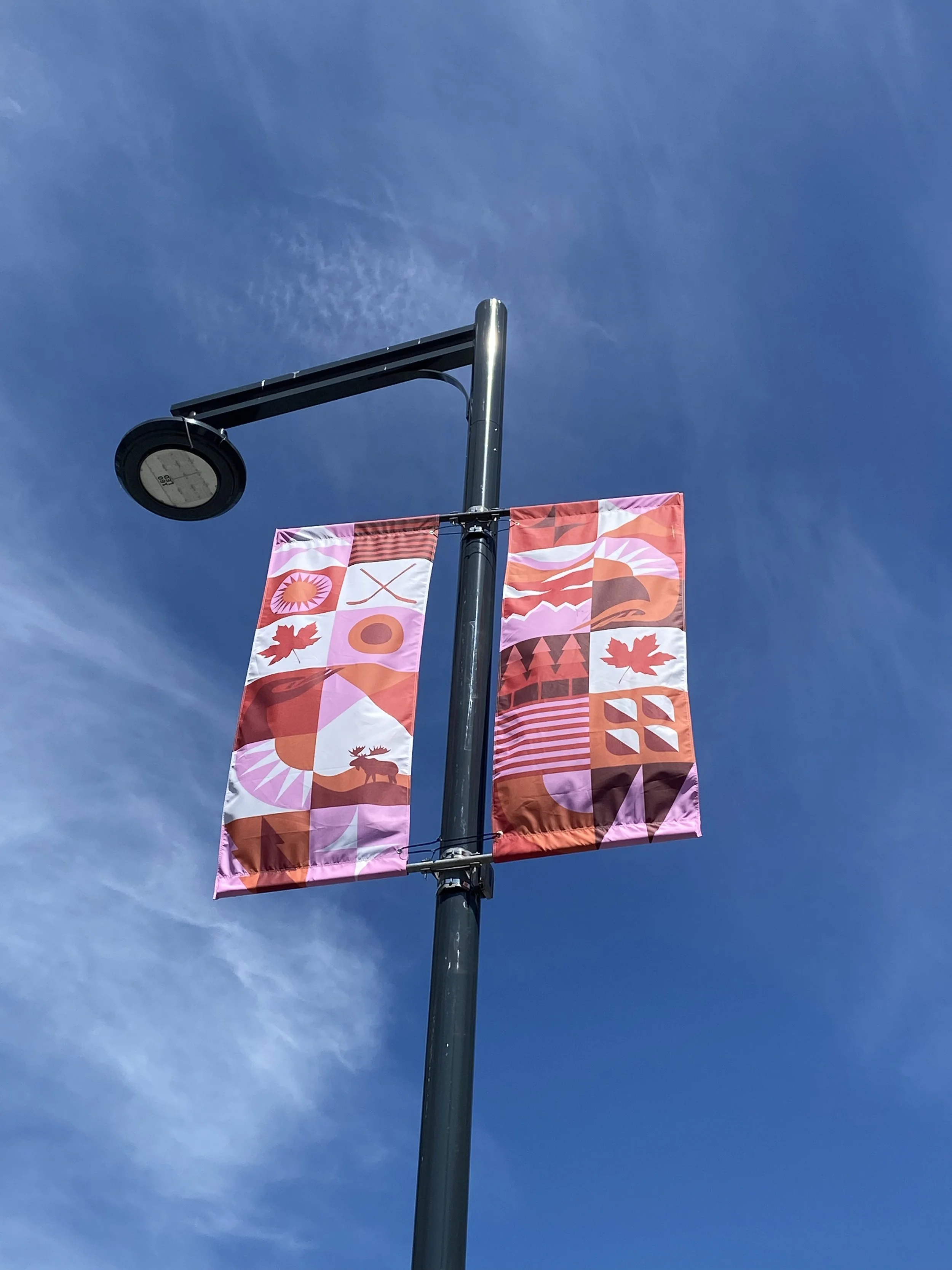 Canada Forward street banners by Arty Guava and Angie Coates in the City of Surrey, featuring vibrant colours and expressive forms celebrating diversity, inclusion, and community.