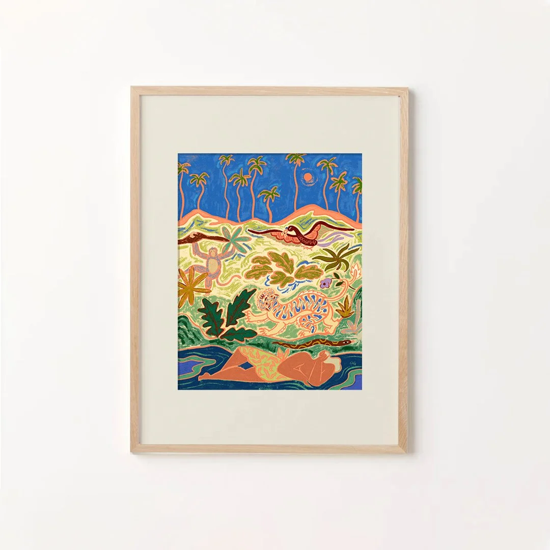 Woman resting in nature with tiger, monkey, snake and bird.