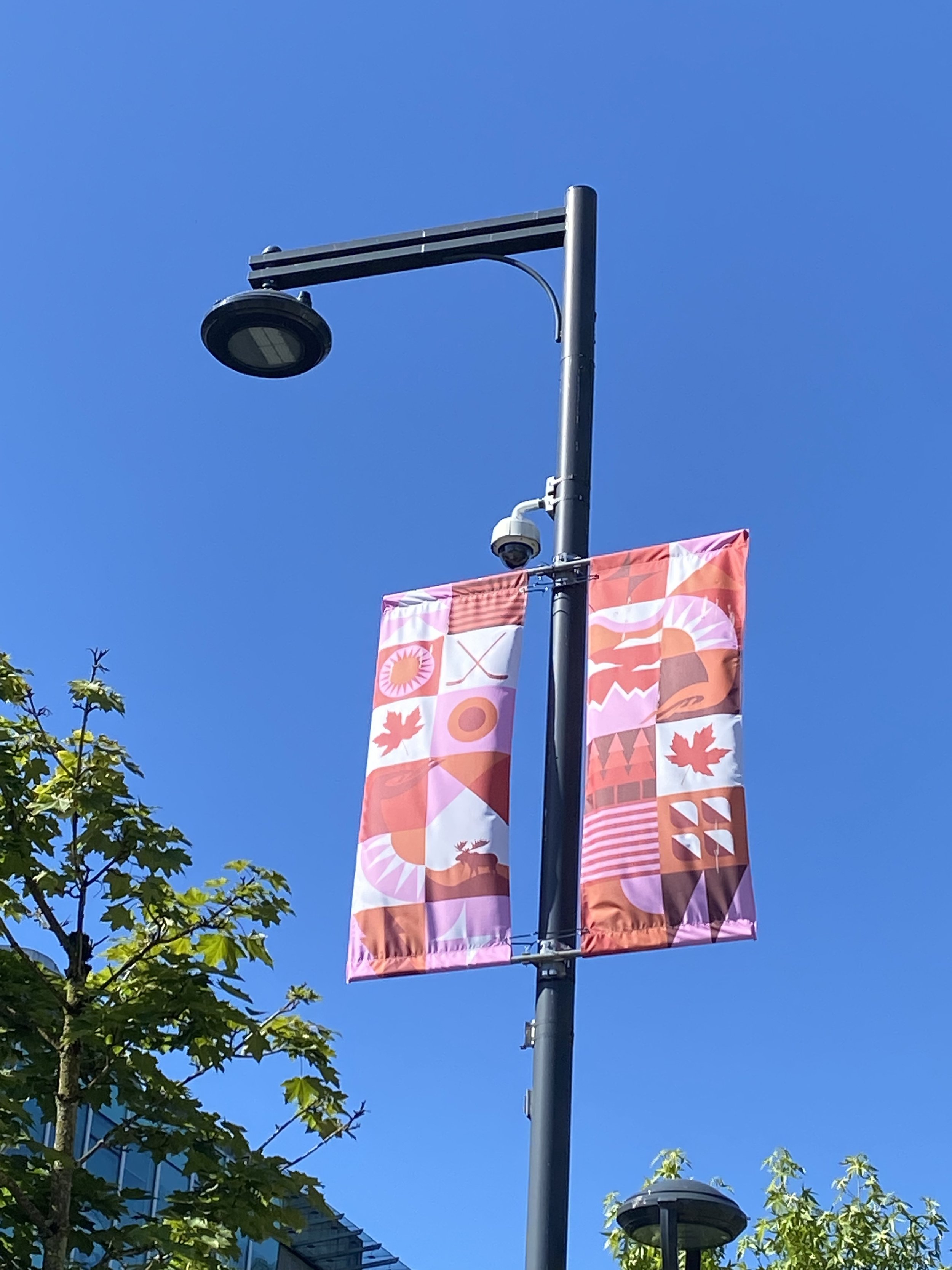 Canada Forward street banners by Arty Guava and Angie Coates in the City of Surrey, featuring vibrant colours and expressive forms celebrating diversity, inclusion, and community.