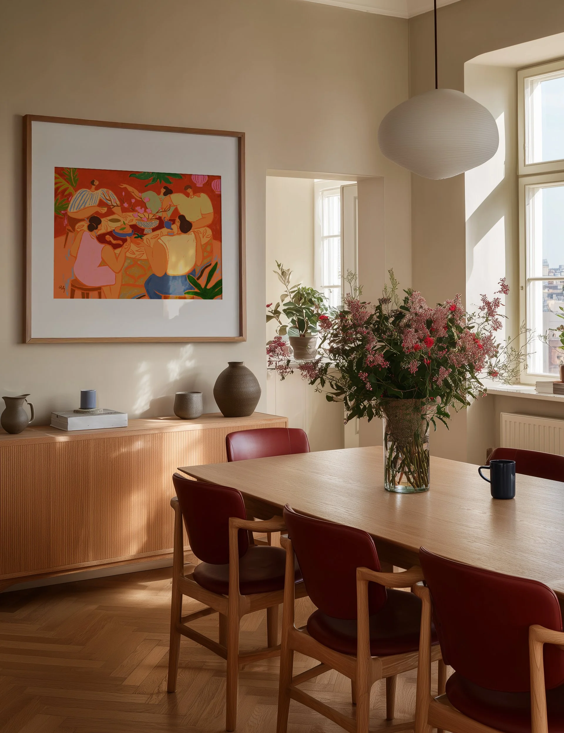 Family sharing reunion dinner in red festive Lunar New Year setting.